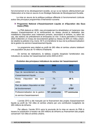 PROJET DE LOI DE FINANCES POUR L’ANNEE 2014

l'environnement et du développement durable, ce qui va se traduire ultérieurement par
l’élaboration et la mise en œuvre d’une Stratégie Nationale de Développement Durable.
La mise en œuvre de la politique publique afférente à l’environnement s’articule
autour des principaux programmes d’intervention suivants:
Programme National d’Assainissement Liquide et d’Epuration des Eaux
Usées (PNA)
Le PNA élaboré en 2005, vise principalement la réhabilitation et l’extension des
réseaux d’assainissement et le renforcement du réseau pluvial, la réalisation des
installations d’épuration avec traitement primaire, secondaire et tertiaire, ou selon les
cas, des stations de prétraitement et émissaires en mer. Il devra permettre à l’horizon
2020 d’atteindre un niveau de raccordement global au réseau de 80% en milieu urbain,
de rabattre la pollution d’au moins 60 % et d’améliorer le taux de la professionnalisation
de la gestion du service d’assainissement liquide.
Le programme sera réalisé au profit de 260 villes et centres urbains totalisant
une population de plus de 10 millions d’habitants.
En termes de réalisations, le tableau ci-après récapitule l’amélioration des
indicateurs du secteur de l’assainissement entre 2005 et 2012 :
Evolution des principaux indicateurs du secteur de l’assainissement
Année

2005

2012

Taux de raccordement au réseau

70%

73 %

eaux

7%

28 %

Parc de station d’épuration en état

21

73

STEP

STEP

101 communes

177 communes

Indicateur

d’assainissement liquide
Niveau

d’épuration

des

usées

de fonctionnement
Professionnalisation de la gestion
du service d’assainissement

L’année 2013 a été marquée par le financement des projets d’assainissement
liquide au profit de 102 villes et centres urbains par une contribution budgétaire de
265 millions de dirhams.
Par ailleurs, l’année 2014 verra la poursuite de la mise en œuvre du PNA à
travers la contribution à hauteur de 250 millions de dirhams au financement des projets
concernant 123 villes et centres urbains.

NOTE DE PRESENTATION

92

 
