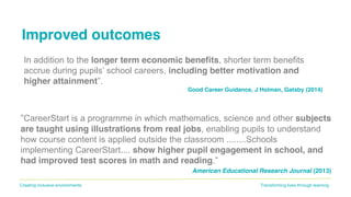 Transforming lives through learningCreating inclusive environments
Improved outcomes
In addition to the longer term economic benefits, shorter term benefits
accrue during pupils’ school careers, including better motivation and
higher attainment”.
Good Career Guidance, J Holman, Gatsby (2014)
“CareerStart is a programme in which mathematics, science and other subjects
are taught using illustrations from real jobs, enabling pupils to understand
how course content is applied outside the classroom ........Schools
implementing CareerStart.... show higher pupil engagement in school, and
had improved test scores in math and reading.”
American Educational Research Journal (2013)
 