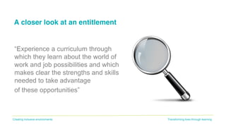 Transforming lives through learningCreating inclusive environments
A closer look at an entitlement
“Experience a curriculum through
which they learn about the world of
work and job possibilities and which
makes clear the strengths and skills
needed to take advantage
of these opportunities”
 