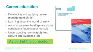Transforming lives through learningCreating inclusive environments
Career education
• Developing and applying career
management skills
• Learning about the world of work
• Accessing career intelligence about
current and future labour markets
• Understanding how to apply for,
secure and sustain a job
As part of the curriculum
 
