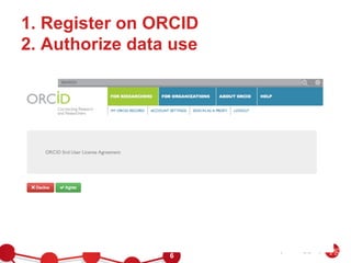 1. Register on ORCID
2. Authorize data use




                 6
 