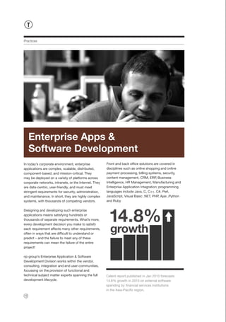 Practices




     Enterprise Apps &
     Software Development
In today’s corporate environment, enterprise           Front and back office solutions are covered in
applications are complex, scalable, distributed,       disciplines such as online shopping and online
component-based, and mission-critical. They            payment processing, billing systems, security,
may be deployed on a variety of platforms across       content management, CRM, ERP, Business
corporate networks, intranets, or the Internet. They   Intelligence, HR Management, Manufacturing and
are data-centric, user-friendly, and must meet         Enterprise Application Integration; programming
stringent requirements for security, administration,   languages include Java, C, C++, C#, Perl,
and maintenance. In short, they are highly complex     JavaScript, Visual Basic .NET, PHP, Ajax ,Python
systems, with thousands of competing vendors.          and Ruby




                                                        14.8%
Designing and developing such enterprise
applications means satisfying hundreds or
thousands of separate requirements. What’s more,


                                                         growth
every development decision you make to satisfy
each requirement affects many other requirements,
often in ways that are difficult to understand or
predict – and the failure to meet any of these
requirements can mean the failure of the entire
project!

np group’s Enterprise Application & Software
Development Division works within the vendor,
consulting, integration and end user communities,
focussing on the provision of functional and
technical subject matter experts spanning the full     Celent report published in Jan 2010 forecasts
development lifecycle.                                 14.8% growth in 2010 on external software
                                                       spending by financial services institutions
                                                       in the Asia-Pacific region.
12
 