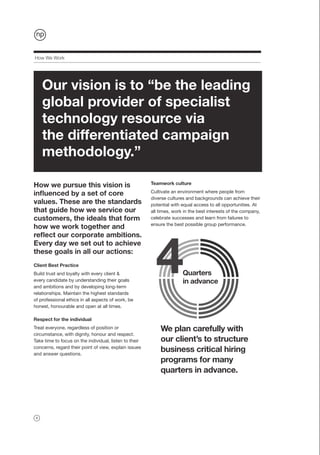 How We Work




     Our vision is to “be the leading
     global provider of specialist
     technology resource via
     the differentiated campaign
     methodology.”

How we pursue this vision is                            Teamwork culture

influenced by a set of core                             Cultivate an environment where people from
                                                        diverse cultures and backgrounds can achieve their
values. These are the standards                         potential with equal access to all opportunities. At
that guide how we service our                           all times, work in the best interests of the company,
customers, the ideals that form                         celebrate successes and learn from failures to
                                                        ensure the best possible group performance.
how we work together and




                                                          4
reflect our corporate ambitions.
Every day we set out to achieve
these goals in all our actions:
Client Best Practice
Build trust and loyalty with every client &                            Quarters
every candidate by understanding their goals                           in advance
and ambitions and by developing long-term
relationships. Maintain the highest standards
of professional ethics in all aspects of work, be
honest, honourable and open at all times.

Respect for the individual
Treat everyone, regardless of position or                   We plan carefully with
circumstance, with dignity, honour and respect.
Take time to focus on the individual, listen to their       our client’s to structure
concerns, regard their point of view, explain issues
and answer questions.
                                                            business critical hiring
                                                            programs for many
                                                            quarters in advance.




 4
 