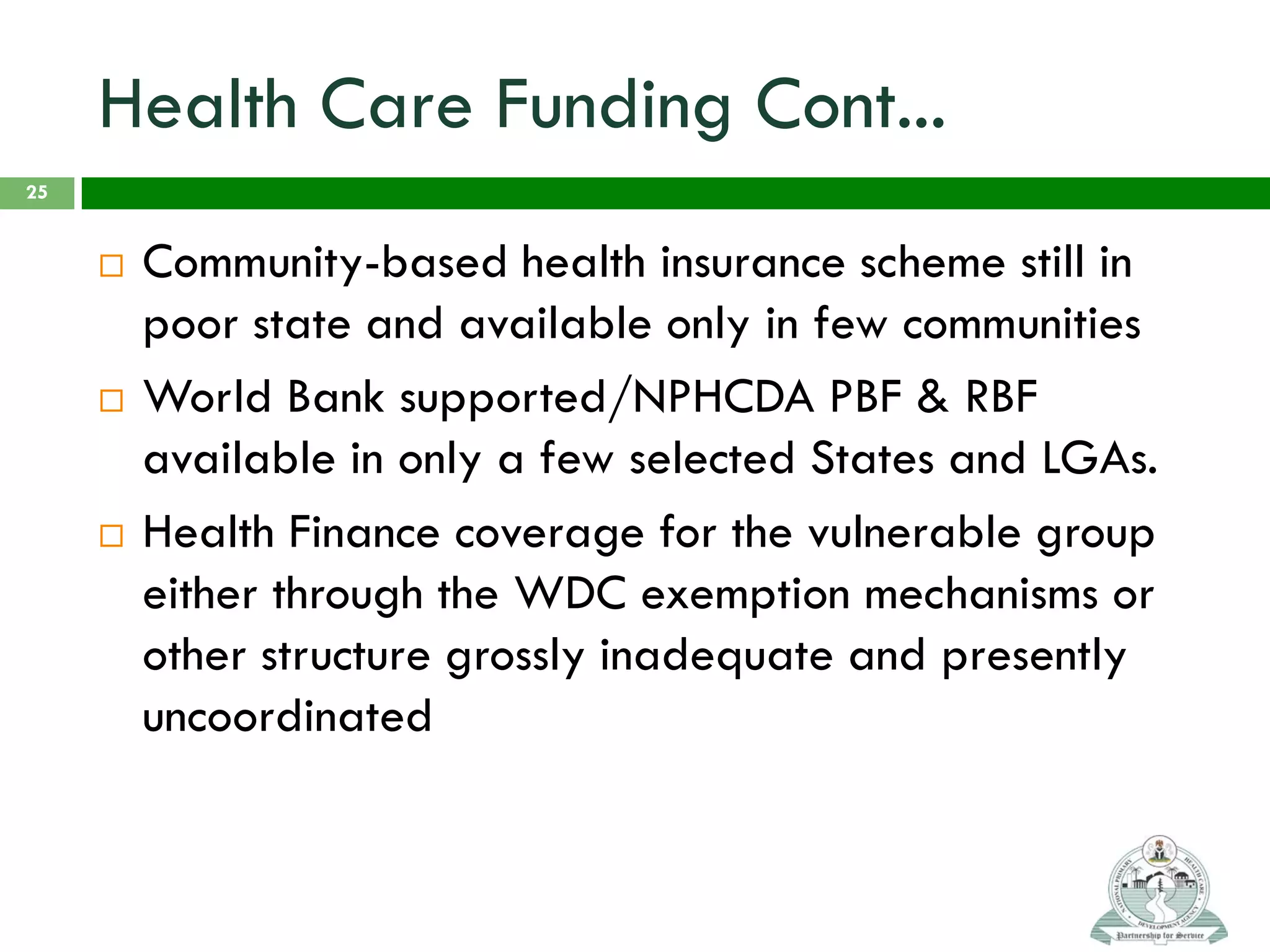 Health Care Funding Cont...
 Community-based health insurance scheme still in
poor state and available only in few communities
 World Bank supported/NPHCDA PBF & RBF
available in only a few selected States and LGAs.
 Health Finance coverage for the vulnerable group
either through the WDC exemption mechanisms or
other structure grossly inadequate and presently
uncoordinated
25
 