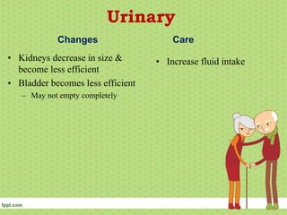 Urinary
Changes
• Kidneys decrease in size &
become less efficient
• Bladder becomes less efficient
– May not empty comple...