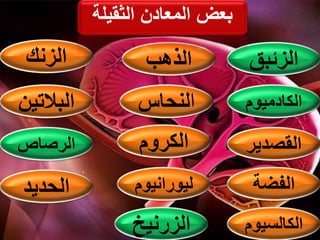 ‫الرصاص‬
‫الزرنيخ‬
‫الكادميوم‬
‫الكروم‬
‫الذهب‬
‫ا‬‫لنحاس‬
‫الحديد‬
‫الزئبق‬
‫البالتي‬‫ن‬
‫الفضة‬
‫الكالسي‬‫وم‬
‫القصدي‬‫ر‬
‫ليورانيو‬‫م‬
‫الزنك‬
‫الثقيل‬ ‫المعادن‬ ‫بعض‬‫ة‬
 