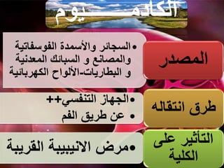 ‫الكادمــــــــيوم‬
•‫السجائر‬‫و‬‫الفوسفات‬ ‫األسمدة‬‫ية‬
‫و‬‫المصانع‬‫و‬‫المعدن‬ ‫السبائك‬‫ية‬
‫و‬‫البطاريات‬-‫الكهربائ‬ ‫األلواح‬‫ية‬
‫المصدر‬
•‫التنفسي‬ ‫الجهاز‬++
•‫الفم‬ ‫طريق‬ ‫عن‬
‫انتقال‬ ‫طرق‬‫ه‬
•‫مرض‬‫االنيبيبة‬‫القر‬‫يبة‬ ‫عل‬ ‫التأثير‬‫ى‬
‫الكلية‬
 