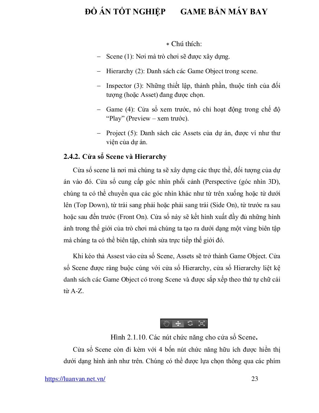 ĐỒ ÁN TỐT NGHIỆP GAME BẮN MÁY BAY
https://luanvan.net.vn/ 23
∗ Chú thích:
− Scene (1): Nơi mà trò chơi sẽ được xây dựng.
− Hierarchy (2): Danh sách các Game Object trong scene.
− Inspector (3): Những thiết lập, thành phần, thuộc tính của đối
tượng (hoặc Asset) đang được chọn.
− Game (4): Cửa sổ xem trước, nó chỉ hoạt động trong chế độ
“Play” (Preview – xem trước).
− Project (5): Danh sách các Assets của dự án, được ví như thư
viện của dự án.
2.4.2. Cửa sổ Scene và Hierarchy
Cửa sổ scene là nơi mà chúng ta sẽ xây dựng các thực thể, đối tượng của dự
án vào đó. Cửa sổ cung cấp góc nhìn phối cảnh (Perspective (góc nhìn 3D),
chúng ta có thể chuyển qua các góc nhìn khác như từ trên xuống hoặc từ dưới
lên (Top Down), từ trái sang phải hoặc phải sang trái (Side On), từ trước ra sau
hoặc sau đến trước (Front On). Cửa sổ này sẽ kết hình xuất đầy đủ những hình
ảnh trong thế giới của trò chơi mà chúng ta tạo ra dưới dạng một vùng biên tập
mà chúng ta có thể biên tập, chỉnh sửa trực tiếp thế giới đó.
Khi kéo thả Assest vào cửa sổ Scene, Assets sẽ trở thành Game Object. Cửa
sổ Scene được ràng buộc cùng với cửa sổ Hierarchy, cửa sổ Hierarchy liệt kệ
danh sách các Game Object có trong Scene và được sắp xếp theo thứ tự chữ cái
từ A-Z.
Hình 2.1.10. Các nút chức năng cho cửa sổ Scene.
Cửa sổ Scene còn đi kèm với 4 bốn nút chức năng hữu ích được hiển thị
dưới dạng hình ảnh như trên. Chúng có thể được lựa chọn thông qua các phím
 