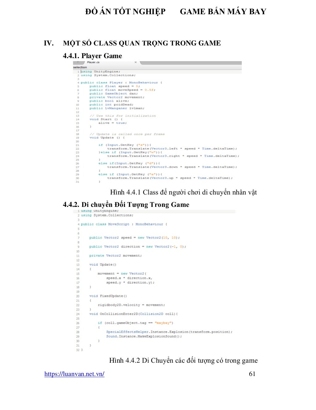 ĐỒ ÁN TỐT NGHIỆP GAME BẮN MÁY BAY
https://luanvan.net.vn/ 61
IV. MỘT SỐ CLASS QUAN TRỌNG TRONG GAME
4.4.1. Player Game
Hình 4.4.1 Class để người chơi di chuyển nhân vật
4.4.2. Di chuyển Đối Tượng Trong Game
Hình 4.4.2 Di Chuyển các đối tượng có trong game
 