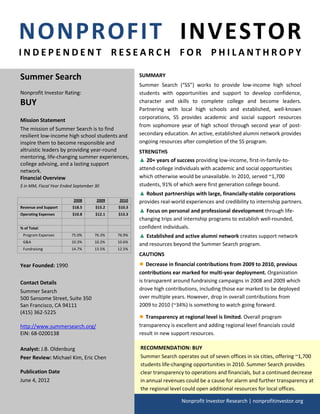 NONPROFIT INVESTOR
INDEPENDENT RESEARCH FOR PHILANTHROPY

Summer Search                                        SUMMARY
                                                     Summer Search (“SS”) works to provide low-income high school
Nonprofit Investor Rating:                           students with opportunities and support to develop confidence,
BUY                                                  character and skills to complete college and become leaders.
                                                     Partnering with local high schools and established, well-known
                                                     corporations, SS provides academic and social support resources
Mission Statement
                                                     from sophomore year of high school through second year of post-
The mission of Summer Search is to find
resilient low-income high school students and        secondary education. An active, established alumni network provides
inspire them to become responsible and               ongoing resources after completion of the SS program.
altruistic leaders by providing year-round           STRENGTHS
mentoring, life-changing summer experiences,
                                                     ▲ 20+ years of success providing low-income, first-in-family-to-
college advising, and a lasting support
network.                                             attend-college individuals with academic and social opportunities
Financial Overview                                   which otherwise would be unavailable. In 2010, served ~1,700
$ in MM, Fiscal Year Ended September 30              students, 91% of which were first generation college bound.
                                                     ▲ Robust partnerships with large, financially-stable corporations
                          2008       2009    2010    provides real-world experiences and credibility to internship partners.
Revenue and Support      $18.5       $15.2   $10.3
                                                     ▲ Focus on personal and professional development through life-
Operating Expenses       $10.8       $12.1   $13.3
                                                     changing trips and internship programs to establish well-rounded,
% of Total:                                          confident individuals.
 Program Expenses        75.0%      76.3%    76.9%   ▲ Established and active alumni network creates support network
 G&A                     10.3%      10.2%    10.6%
                                                     and resources beyond the Summer Search program.
 Fundraising             14.7%      13.5%    12.5%
                                                     CAUTIONS
Year Founded: 1990                                   ● Decrease in financial contributions from 2009 to 2010, previous
                                                     contributions ear marked for multi-year deployment. Organization
Contact Details                                      is transparent around fundraising campaigns in 2008 and 2009 which
Summer Search                                        drove high contributions, including those ear marked to be deployed
500 Sansome Street, Suite 350                        over multiple years. However, drop in overall contributions from
San Francisco, CA 94111                              2009 to 2010 (~34%) is something to watch going forward.
(415) 362-5225
                                                     ● Transparency at regional level is limited. Overall program
http://www.summersearch.org/                         transparency is excellent and adding regional level financials could
EIN: 68-0200138                                      result in new support resources.

Analyst: J.B. Oldenburg                              RECOMMENDATION: BUY
Peer Review: Michael Kim, Eric Chen                  Summer Search operates out of seven offices in six cities, offering ~1,700
                                                     students life-changing opportunities in 2010. Summer Search provides
Publication Date                                     clear transparency to operations and financials, but a continued decrease
June 4, 2012                                         in annual revenues could be a cause for alarm and further transparency at
                                                     the regional level could open additional resources for local offices.

                                                                       Nonprofit Investor Research | nonprofitinvestor.org
 