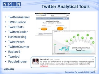 Twitter Analytical Tools

•   TwitterAnalyzer
•   TWInfluence
•   TweetStats
•   TwitterGrader
•   Hashtracking
•   Tweetreach
•   TwitterCounter
•   Radian 6
•   Tweriod
•   PeopleBrowsr

#SM4PH                                           22
 