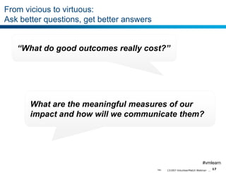 From vicious to virtuous:
Ask better questions, get better answers
“What do good outcomes really cost?”

What are the meaningful measures of our
impact and how will we communicate them?

#vmlearn
TBG

131007-VolunteerMatch Webinar- ...

17

 