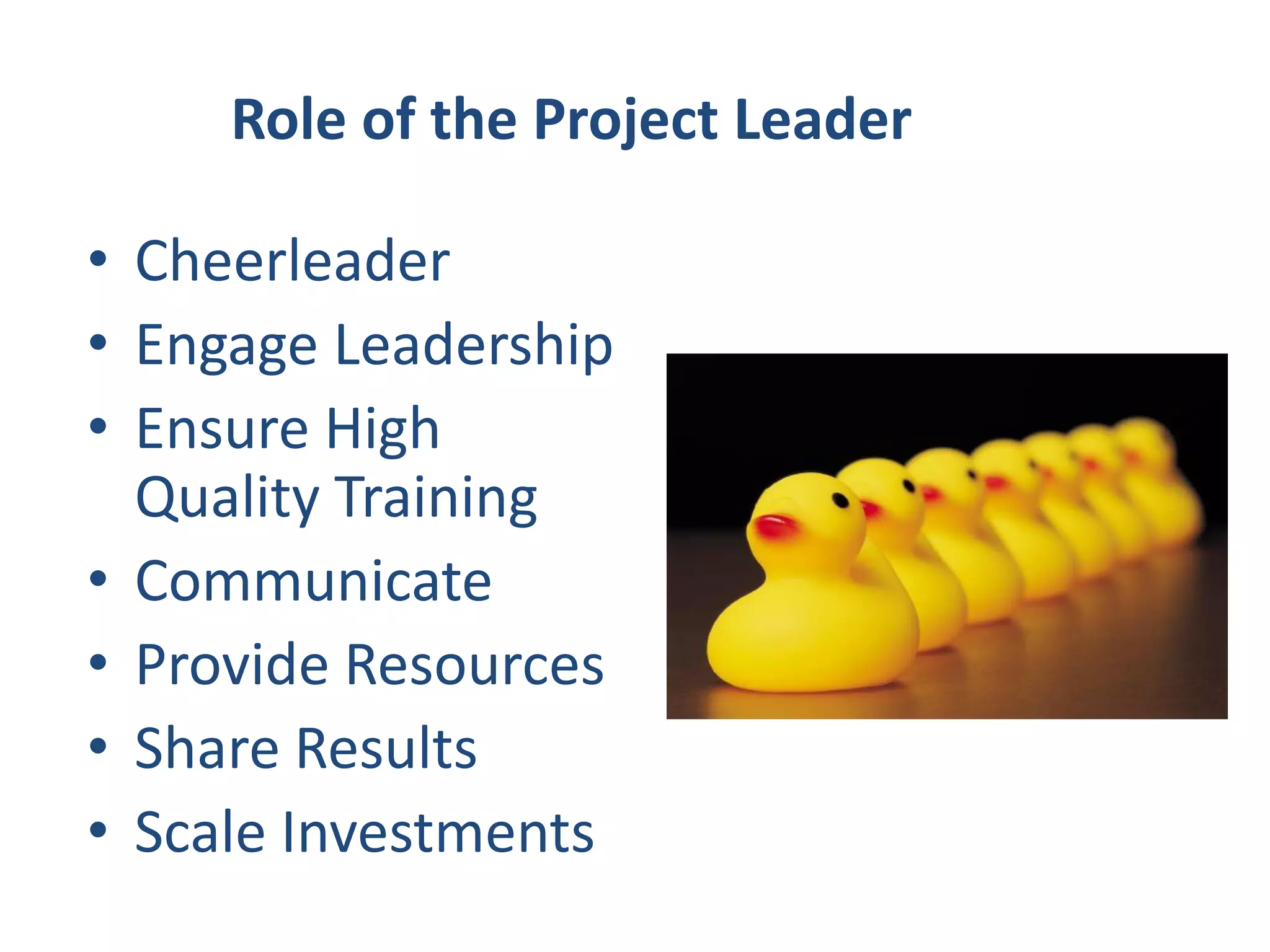 Role of the Project Leader
• Cheerleader
• Engage Leadership
• Ensure High
Quality Training
• Communicate
• Provide Resources
• Share Results
• Scale Investments
 