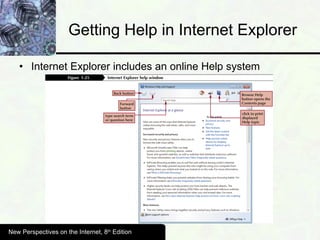 Getting Help in Internet Explorer Internet Explorer includes an online Help system New Perspectives on the Internet, 8 th  Edition 