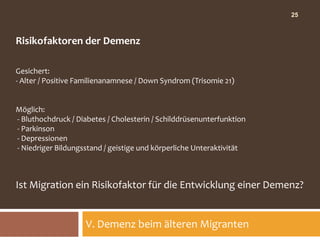 25



Risikofaktoren der Demenz

Gesichert:
- Alter / Positive Familienanamnese / Down Syndrom (Trisomie 21)


Möglich:
- Bluthochdruck / Diabetes / Cholesterin / Schilddrüsenunterfunktion
- Parkinson
- Depressionen
- Niedriger Bildungsstand / geistige und körperliche Unteraktivität



Ist Migration ein Risikofaktor für die Entwicklung einer Demenz?


                    V. Demenz beim älteren Migranten
 