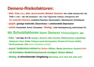 Demenz-Risikofaktoren:
- biol.: Erbe (2-5%), Alter, Multimorbidität, Metabol. Syndrom: RR >130/85, Nüchtern-BZ >100,
 Taille M >102; F >88; HDL-Cholesterin F<50, M<40, Triglyceride >150mg%; Untergewicht, SHT
 für vaskuläre Demenz: zusätzlich Rauchen, Homocystein Alkoholsucht, Schlafapnoe
- psych. geistige Inaktivität, Dauerstress + unbehandelte Depression
- sozial: Einsamkeit, Armut, Fernsehen - ökolog.: unter Hochspannung, schnurloses Tel.

Mit Schutzfaktoren kann Demenz hinauszögern, wer
- körp.   * sich tägl. 2x½ St. bewegt + abnimmt, Obst, Gemüse, Mittelmeerkost, ungesättigte
 Fettsäuren, Fisch, Kaffee, Folsäure (senkt Homocystein), Rotwein für Frauen (2x/Wo)
* Blutdrucksenker, ASS nimmt, Ddiabetes einstellt

- psych. Gedächtnis trainiert im Gehen >Sitzen, Neues (Musizieren, Sprache) lernt
- mit Kontakten Gedächtnisschwund verzögert, Stress abbaut
- ökolog. in stimulierender Umgebung lebenslängl. lernt, läuft, lebt, liebt, lacht
 