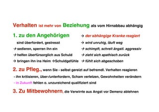 Verhalten      ist mehr von     Beziehung als vom Hirnabbau abhängig
1. zu den Angehörigen                       der abhängige Kranke reagiert
  sind überfordert, gestresst               wird unruhig, läuft weg
 sedieren, sperren ihn ein                 schimpft, schreit ängstl. aggressiv
 helfen überfürsorglich aus Schuld         zieht sich apathisch zurück
 bringen ihn ins Heim Schuldgefühle  fühlt sich abgeschoben

2. zu Pfleg., wenn Sie - selbst gereizt auf befremdl. Verhalten reagieren
- ihn kritisieren, über-/unterfordern, Scham verletzen, Gewohnheiten verändern
- in Zukunft fehlen o. unzureichend qualifiziert sind

3. Zu Mitbewohnern, die Verwirrte aus Angst vor Demenz ablehnen
 