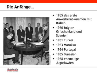 Die Anfänge…
§  1955 das erste
Anwerberabkommen mit
Italien
§  1960 folgten
Griechenland und
Spanien
§  1961 Türkei
§  1963 Marokko
§  1964 Portugal
§  1965 Tunesien
§  1968 ehemalige
Jugoslawien
 