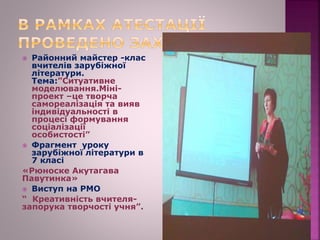  Районний майстер -клас
вчителів зарубіжної
літератури.
Тема:”Ситуативне
моделювання.Міні-
проект –це творча
самореалізація та вияв
індивідуальності в
процесі формування
соціалізації
особистості”
 Фрагмент уроку
зарубіжної літератури в
7 класі
«Рюноске Акутагава
Павутинка»
 Виступ на РМО
“ Креативність вчителя-
запорука творчості учня”.
 