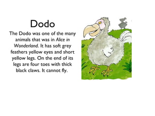 Dodo
The Dodo was one of the many
   animals that was in Alice in
   Wonderland. It has soft grey
feathers yellow eyes and short
 yellow legs. On the end of its
  legs are four toes with thick
    black claws. It cannot fly.
 