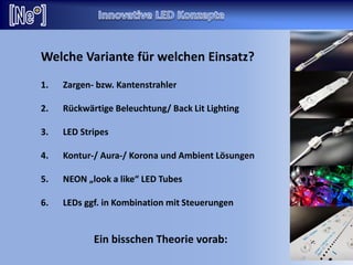Welche Variante für welchen Einsatz?
1. Zargen- bzw. Kantenstrahler
2. Rückwärtige Beleuchtung/ Back Lit Lighting
3. LED Stripes
4. Kontur-/ Aura-/ Korona und Ambient Lösungen
5. NEON „look a like“ LED Tubes
6. LEDs ggf. in Kombination mit Steuerungen
Ein bisschen Theorie vorab:
 