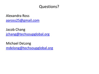 Questions?

Alexandra Ross
aaross25@gmail.com

Jacob Chang
jchang@techsoupglobal.org

Michael DeLong
mdelong@techsoupglobal.org
 