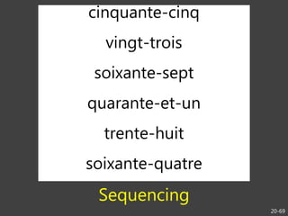 cinquante-cinq
vingt-trois
soixante-sept
quarante-et-un
trente-huit
soixante-quatre
20-69
Sequencing
 