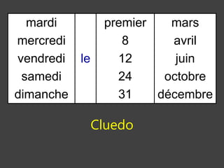mardi
mercredi
vendredi
samedi
dimanche
le
premier
8
12
24
31
mars
avril
juin
octobre
décembre
Cluedo
 