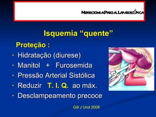 Isquemia “quente” Proteção :   Hidratação (diurese) Manitol  +  Furosemida Pressão Arterial Sistólica Reduzir  T. I. Q.  ao máx. Desclampeamento precoce Gill J Urol 2008 Nefrectomia Parcial Laparoscópica 