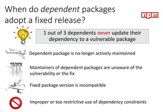 When do dependent packages
adopt a fixed release?
1 out of 3 dependents never update their
dependency to a vulnerable pack...