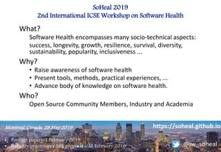 SoHeal 2019
2nd International ICSE Workshop on Software Health
Montreal, Canada, 28 May 2019
• Position papers: 1 February...