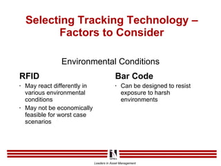 Selecting Tracking Technology – Factors to Consider RFID May react differently in various environmental conditions May not be economically feasible for worst case scenarios Bar Code Can be designed to resist exposure to harsh environments Environmental Conditions 
