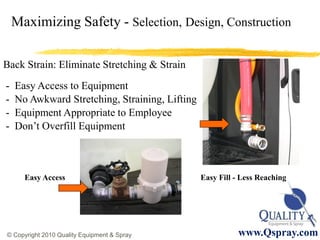 Maximizing Safety - Selection, Design, Construction

Back Strain: Eliminate Stretching & Strain
-   Easy Access to Equipment
-   No Awkward Stretching, Straining, Lifting
-   Equipment Appropriate to Employee
-   Don’t Overfill Equipment



      Easy Access                               Easy Fill - Less Reaching




© Copyright 2010 Quality Equipment & Spray                 www.Qspray.com
 