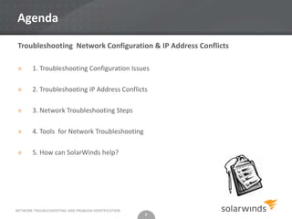 Agenda

 Troubleshooting Network Configuration & IP Address Conflicts

 »      1. Troubleshooting Configuration Issues

 »      2. Troubleshooting IP Address Conflicts

 »      3. Network Troubleshooting Steps

 »      4. Tools for Network Troubleshooting

 »      5. How can SolarWinds help?




NETWORK TROUBLESHOOTING AND PROBLEM IDENTIFICATION
                                                     2
 