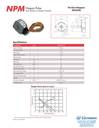 Nippon Pulse 
Your Partner in Motion Control NPM PFC35TH 
Tin-Can Steppers 
Specification Unit PFC35TH-48 
Type of Winding Unipolar 
Excitation Mode* 2-2 
Step Angle ˚ 7.5 ±5% 
Steps Per Revolution* 48 
Rated Voltage V 9 
Resistance W 37 
Inductance mH 14 
Holding Torque mN·m 33 
Starting Pulse Rate* pps 400 
Slewing Pulse Rate* pps 470 
Operating Temp. Range ˚C -10 to +50 
Temperature Rise* ˚C 70 
Operating Temp. Range ˚C +100 
Weight g 80 
Dielectric Strength AC·V AC500V (1 min.) 
Insulation Class Class E 
Torque Curve (pull-out torque)* 
Specifications 
30 
25 
20 
10 
5 
0 100 
Pull-out 
200 300 400 500 600 700 
15 
Torque (mN·m) 
Pulse Rate (pps) 
Pull-in 
Sold & Serviced By: 
* - All tin-can motor specifications are based on full-step constant voltage operation 
Magnet type: Neodymium ELECTROMATE 
Toll Free Phone (877) SERVO98 
Toll Free Fax (877) SERV099 
www.electromate.com 
sales@electromate.com 

