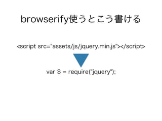<script src=/slideshow/ss-46539932/46539932/"assets/js/jquery.min.js"></script>
var $ = require("jquery");
browserifyʹȤ
 