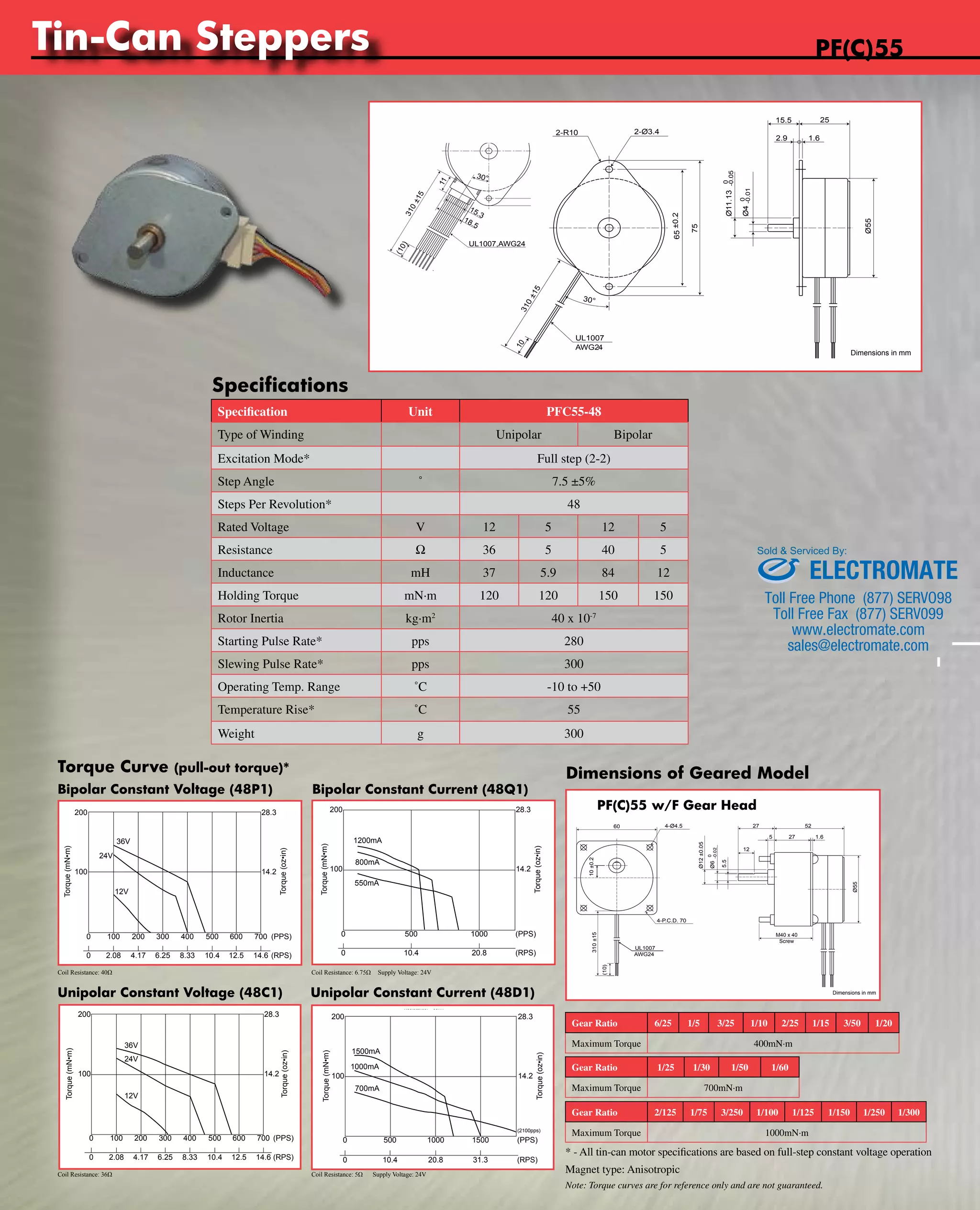 Tin-Can Steppers 
www.nipponpulse.PF(C)55 
15.3 
Nippon Pulse America, Inc. 
a subsidiary of Nippon Pulse Motor Co., Ltd. 
-0.05 
-0.01 
Specifications 
Nippon Pulse America, Inc. 
a subsidiary of Nippon Pulse Motor Co., Ltd. 
-0.05 
-0.01 
Sold & Serviced By: 
Toll Free Phone (877) SERVO98 
Toll Free Fax (877) SERV099 
www.electromate.com 
sales@electromate.com 
Torque Curve (pull-out torque)* Dimensions of Geared Model 
PFC55-48P1 w/ Bipolar Constant Voltage 
Bipolar Constant Voltage (48P1) 
200 
0 100 400 500 
600 (PPS) 
200 
300 
700 
Coil Resistance: 40Ω Coil Resistance: 6.75Ω Supply Voltage: 24V 
Unipolar Constant Voltage (48C1) 
PFC55-48Q1 w/ Bipolar Chopper Drive 
Bipolar Constant Current (48Q1) 
200 
Driver: BCD420B3 
Voltage: 24VDC 
Excitation: Full-step 
Resistance: 6.75ohm 
0 500 1000 (PPS) 
PFC55-48D1 w/ Unipolar Chopper Drive 
Unipolar Constant Current (48D1) 
PF(C)55 w/F Gear Head 
Nippon Pulse America, Inc. 
a subsidiary of Nippon Pulse Motor Co., Ltd. 
ELECTROMATE 
www.nipponpulse.com 
1-540-633-1677 
PF55 Tin-Can Stepper with Gearhead (F Type) 
Dimensions in mm 
UL1007 
AWG24 
310 ±15 10 ±0.2 
60 
(10) 
4-Ø4.5 
4-P.C.D. 70 
-0.02 
Ø6 0 
Ø12 ±0.05 
5.5 
Ø55 
12 
27 52 
5 27 1.6 
M40 x 40 
Screw 
Gear Ratio 6/25 1/5 3/25 1/10 2/25 1/15 3/50 1/20 
Maximum Torque 400mN·m 
Gear Ratio 1/25 1/30 1/50 1/60 
Maximum Torque 700mN·m 
Gear Ratio 2/125 1/75 3/250 1/100 1/125 1/150 1/250 1/300 
Maximum Torque 1000mN·m 
Note: Torque curves are for reference only and are not guaranteed. 
www.nipponpulse.com 
1-540-633-1677 
PF55 Tin-Can Stepper 
Dimensions in mm 
UL1007 
AWG24 
310 ±15 
Ø11.13 0 
2.9 
65 ±0.2 
Ø55 
75 
15.5 25 
2-R10 2-Ø3.4 
30° 
1.6 
Ø4 0 
10 
Specification Unit PFC55-48 
Type of Winding Unipolar Bipolar 
Excitation Mode* Full step (2-2) 
Step Angle ˚ 7.5 ±5% 
Steps Per Revolution* 48 
Rated Voltage V 12 5 12 5 
Resistance W 36 5 40 5 
Inductance mH 37 5.9 84 12 
Holding Torque mN·m 120 120 150 150 
Rotor Inertia kg·m2 40 x 10-7 
Starting Pulse Rate* pps 280 
Slewing Pulse Rate* pps 300 
Operating Temp. Range ˚C -10 to +50 
Temperature Rise* ˚C 55 
Weight g 300 
Nippon Pulse America, Inc. 
a subsidiary of Nippon Pulse Motor Co., Ltd. 
www.nipponpulse.com 
1-540-633-1677 
28.3 
14.2 
Torque (oz•in) 
100 
Torque (mN•m) 
36V 
24V 
12V 
0 2.08 4.17 
6.25 
8.33 10.4 12.5 
14.6 
(RPS) 
Driver: CD-404B1 
Excitation: Full-step 
Resistance: 40ohm 
Nippon Pulse America, Inc. 
a subsidiary of Nippon Pulse Motor Co., Ltd. 
www.nipponpulse.com 
1-540-633-1677 
28.3 
14.2 
Torque (oz•in) 
100 
Torque (mN•m) 
1200mA 
800mA 
550mA 
0 10.4 20.8 (RPS) 
28.3 
14.2 
Torque (oz•in) 
200 
Nippon Pulse America, Inc. 
a subsidiary of Nippon Pulse Motor Co., Ltd. 
www.nipponpulse.com 
1-540-633-1677 
100 
Torque (mN•m) 
PFC55-48C1 w/ Unipolar Constant Voltage 
Driver: PS-2LD-5 
Excitation: Full-step 
Resistance: 36ohm 
36V 
24V 
12V 
0 100 200 300 400 500 600 700 (PPS) 
0 2.08 4.17 6.25 8.33 10.4 12.5 14.6 (RPS) 
28.3 
14.2 
Torque (oz•in) 
200 
(2100pps) 
Driver: BCD4020UT 
Voltage: 24VDC 
Excitation: Full-step 
Resistance: 5ohm 
0 500 1000 1500 (PPS) 
Nippon Pulse America, Inc. 
a subsidiary of Nippon Pulse Motor Co., Ltd. 
www.nipponpulse.com 
1-540-633-1677 
100 
Torque (mN•m) 
1500mA 
1000mA 
700mA 
0 10.4 20.8 31.3 (RPS) 
Coil Resistance: 36Ω Coil Resistance: 5Ω Supply Voltage: 24V 
www.nipponpulse.com 
1-540-633-1677 
PFC55 Tin-Can Stepper 
Dimensions in mm 
UL1007,AWG24 
4.5 
310 ±15 
11 
9 
66.7±0.2 
(10) 
Ø11.13 0 
1.6 
Ø55 
76.2 
18.5 
25 
2-R10 
30° 
2.9 
2.9 
2-Ø3.4 
18.5 
Ø6.345 0 
* - All tin-can motor specifications are based on full-step constant voltage operation 
Magnet type: Anisotropic 
 