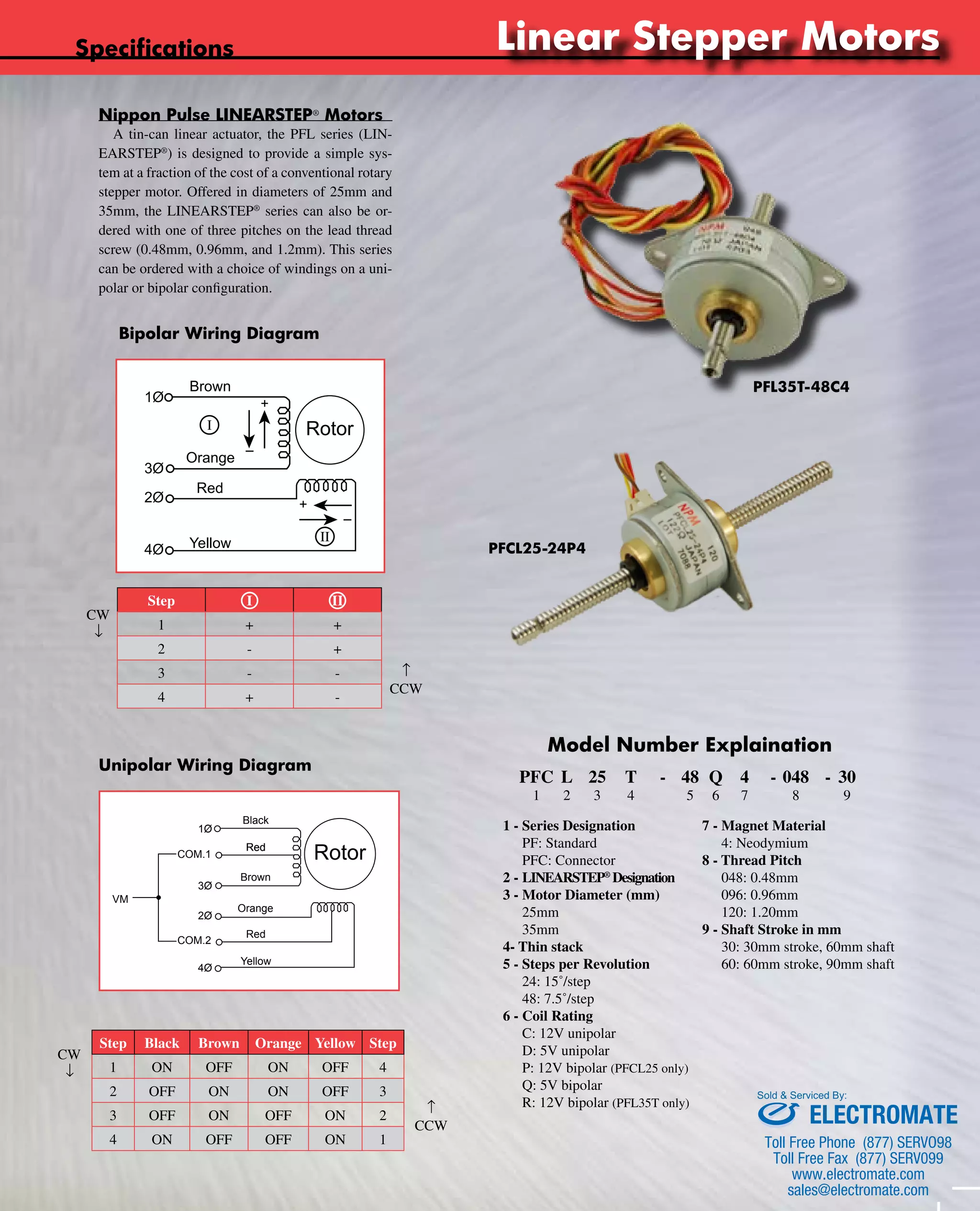 Specifications Linear Stepper Motors 
www.nipponpulse.Tin-Can Steppers 
I II 
PFCL25-24P4 
Model Number Explaination 
PFC L 25 T - 48 Q 4 - 048 - 30 
1 2 3 4 5 6 7 8 9 
1 - Series Designation 
PF: Standard 
PFC: Connector 
2 - LINEARSTEP® Designation 
3 - Motor Diameter (mm) 
25mm 
35mm 
4- Thin stack 
5 - Steps per Revolution 
24: 15˚/step 
48: 7.5˚/step 
6 - Coil Rating 
C: 12V unipolar 
D: 5V unipolar 
P: 12V bipolar (PFCL25 only) 
Q: 5V bipolar 
R: 12V bipolar (PFL35T only) 
7 - Magnet Material 
4: Neodymium 
8 - Thread Pitch 
048: 0.48mm 
096: 0.96mm 
120: 1.20mm 
9 - Shaft Stroke in mm 
30: 30mm stroke, 60mm shaft 
60: 60mm stroke, 90mm shaft 
1Ø 
3Ø 
2Ø 
I 
Step I II 
1 + + 
2 - + 
3 - - 
4 + - 
CW 
↓ 
↑ 
CCW 
1Ø 
COM.1 
3Ø 
2Ø 
COM.2 
Step Black Brown Orange Yellow Step 
1 ON OFF ON OFF 4 
2 OFF ON ON OFF 3 
3 OFF ON OFF ON 2 
4 ON OFF OFF ON 1 
CW 
↓ 
↑ 
CCW 
Bipolar Wiring Diagram 
Unipolar Wiring Diagram 
PFL35T-48C4 
Nippon Pulse LINEARSTEP® Motors 
A tin-can linear actuator, the PFL series (LIN-EARSTEP 
®) is designed to provide a simple sys-tem 
at a fraction of the cost of a conventional rotary 
stepper motor. Offered in diameters of 25mm and 
35mm, the LINEARSTEP® series can also be or-dered 
with one of three pitches on the lead thread 
screw (0.48mm, 0.96mm, and 1.2mm). This series 
can be ordered with a choice of windings on a uni-polar 
or bipolar configuration. 
Nippon Pulse America, Inc. 
a subsidiary of Nippon Pulse Motor Co., Ltd. 
www.nipponpulse.com 
1-540-633-1677 
PF/PFC Series Bipolar Motors 
Wiring Diagram and Rotation Chart 
Rotor 
Brown 
Orange 
Red 
4Ø Yellow 
II 
+ 
– 
+ 
– 
No. 
1 + + 
2 – + 
3 – – 
4 + – 
CW 
CW 
Nippon Pulse America, Inc. 
a subsidiary of Nippon Pulse Motor Co., Ltd. 
www.nipponpulse.com 
1-540-633-1677 
PF/PFC Series Unipolar Motors 
Wiring Diagram and Rotation Chart 
Rotor 
VM 
Black 
Red 
Brown 
Orange 
Red 
4Ø Yellow 
CW 
CW 
No. BLK BRN ORN YLW No. 
1 ON OFF ON OFF 4 
2 OFF ON ON OFF 3 
3 OFF ON OFF ON 2 
4 ON OFF OFF ON 1 
Sold & Serviced By: 
ELECTROMATE 
Toll Free Phone (877) SERVO98 
Toll Free Fax (877) SERV099 
www.electromate.com 
sales@electromate.com 
 