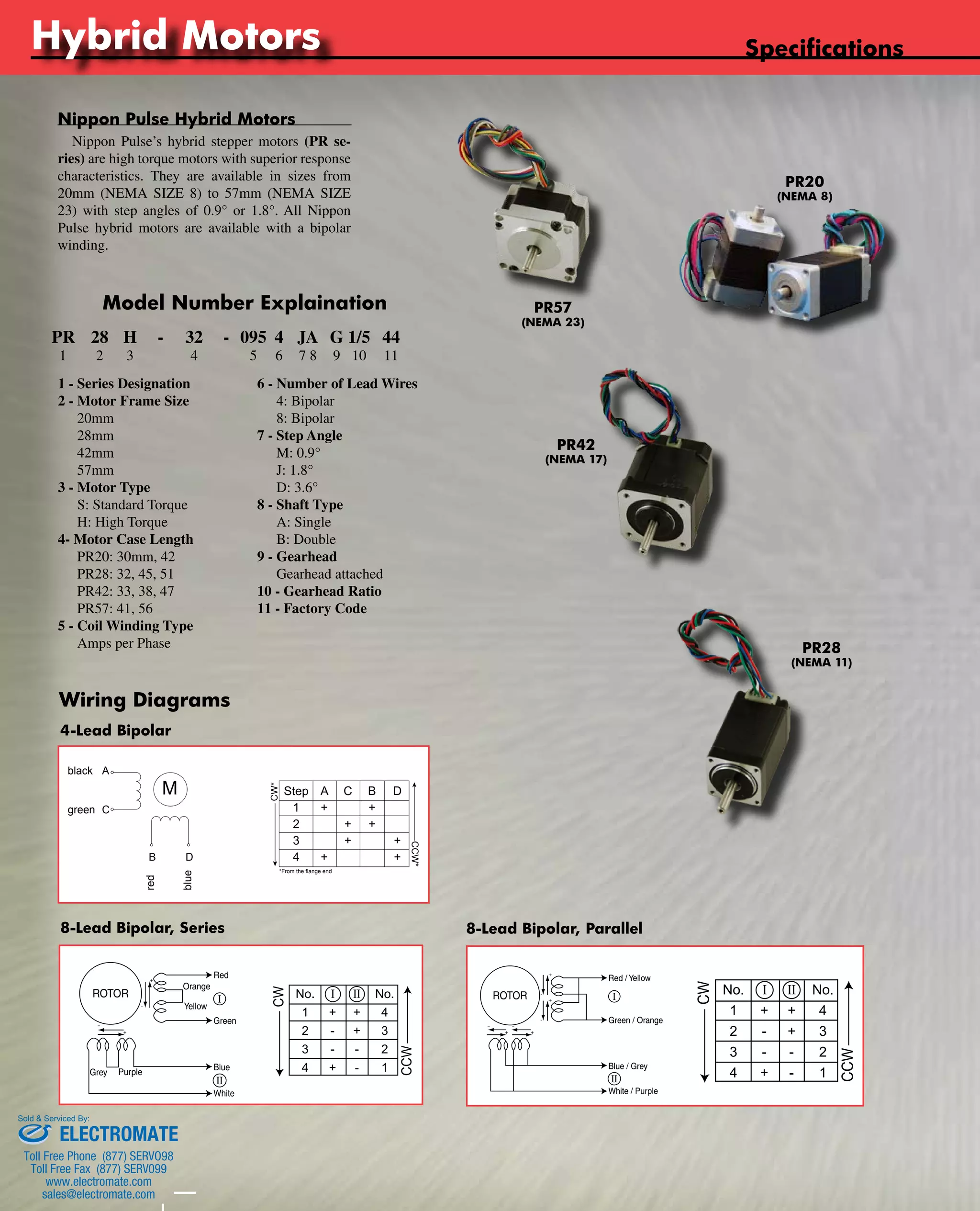 Hybrid Motors 
Tin-Can Steppers 
www.nipponpulse.Specifications 
Nippon Pulse Hybrid Motors 
Nippon Pulse’s hybrid stepper motors (PR se-ries) 
are high torque motors with superior response 
characteristics. They are available in sizes from 
20mm (NEMA SIZE 8) to 57mm (NEMA SIZE 
23) with step angles of 0.9° or 1.8°. All Nippon 
Pulse hybrid motors are available with a bipolar 
winding. 
Model Number Explaination 
PR 28 H - 32 - 095 4 JA G 1/5 44 
1 2 3 4 5 6 7 8 9 10 11 
1 - Series Designation 
2 - Motor Frame Size 
20mm 
28mm 
42mm 
57mm 
3 - Motor Type 
S: Standard Torque 
H: High Torque 
4- Motor Case Length 
PR20: 30mm, 42 
PR28: 32, 45, 51 
PR42: 33, 38, 47 
PR57: 41, 56 
5 - Coil Winding Type 
Amps per Phase 
6 - Number of Lead Wires 
4: Bipolar 
8: Bipolar 
7 - Step Angle 
M: 0.9° 
J: 1.8° 
D: 3.6° 
8 - Shaft Type 
A: Single 
B: Double 
9 - Gearhead 
Gearhead attached 
10 - Gearhead Ratio 
11 - Factory Code 
PR57 
(NEMA 23) 
PR20 
(NEMA 8) 
PR42 
(NEMA 17) 
PR28 
(NEMA 11) 
Wiring Diagrams 
4-Lead Bipolar 
black 
8-Lead Bipolar, Series 8-Lead Bipolar, Parallel 
Nippon Pulse America, Inc. 
a subsidiary of Nippon Pulse Motor Co., Ltd. 
www.nipponpulse.com 
1-540-633-1677 
PR Series Bipolar Motors 
Wiring Diagram and Rotation Chart 
M 
A 
C 
B D 
green 
red 
blue 
Step A C B D 
1 + + 
2 + + 
3 + + 
4 + + 
CW* 
*From the flange end 
CCW* 
Nippon Pulse America, Inc. 
a subsidiary of Nippon Pulse Motor Co., Ltd. 
www.nipponpulse.com 
1-540-633-1677 
PR Series Motors – Bipolar (Parallel) 
Wiring Diagram and Rotation Chart 
CCW 
CW 
No. I No. 
1 + + 4 
2 - + 3 
3 - - 2 
4 + - 1 
Red / Yellow 
ROTOR II 
I 
Green / Orange 
Blue / Grey 
II 
White / Purple 
- 
+ 
- 
+ 
- 
+ 
+ 
- 
ROTOR II 
Sold & Serviced By: 
Nippon Pulse America, Inc. 
a subsidiary of Nippon Pulse Motor Co., Ltd. 
www.nipponpulse.com 
1-540-633-1677 
PR Series Motors – Bipolar (Series) 
Wiring Diagram and Rotation Chart 
CCW 
CWI No. No. 
1 + + 4 
2 - + 3 
3 - - 2 
4 + - 1 
Red 
Orange 
Yellow 
I 
Green 
Blue 
II 
White 
- 
+ 
+ 
- 
Grey Purple 
ELECTROMATE 
Toll Free Phone (877) SERVO98 
Toll Free Fax (877) SERV099 
www.electromate.com 
sales@electromate.com 
 