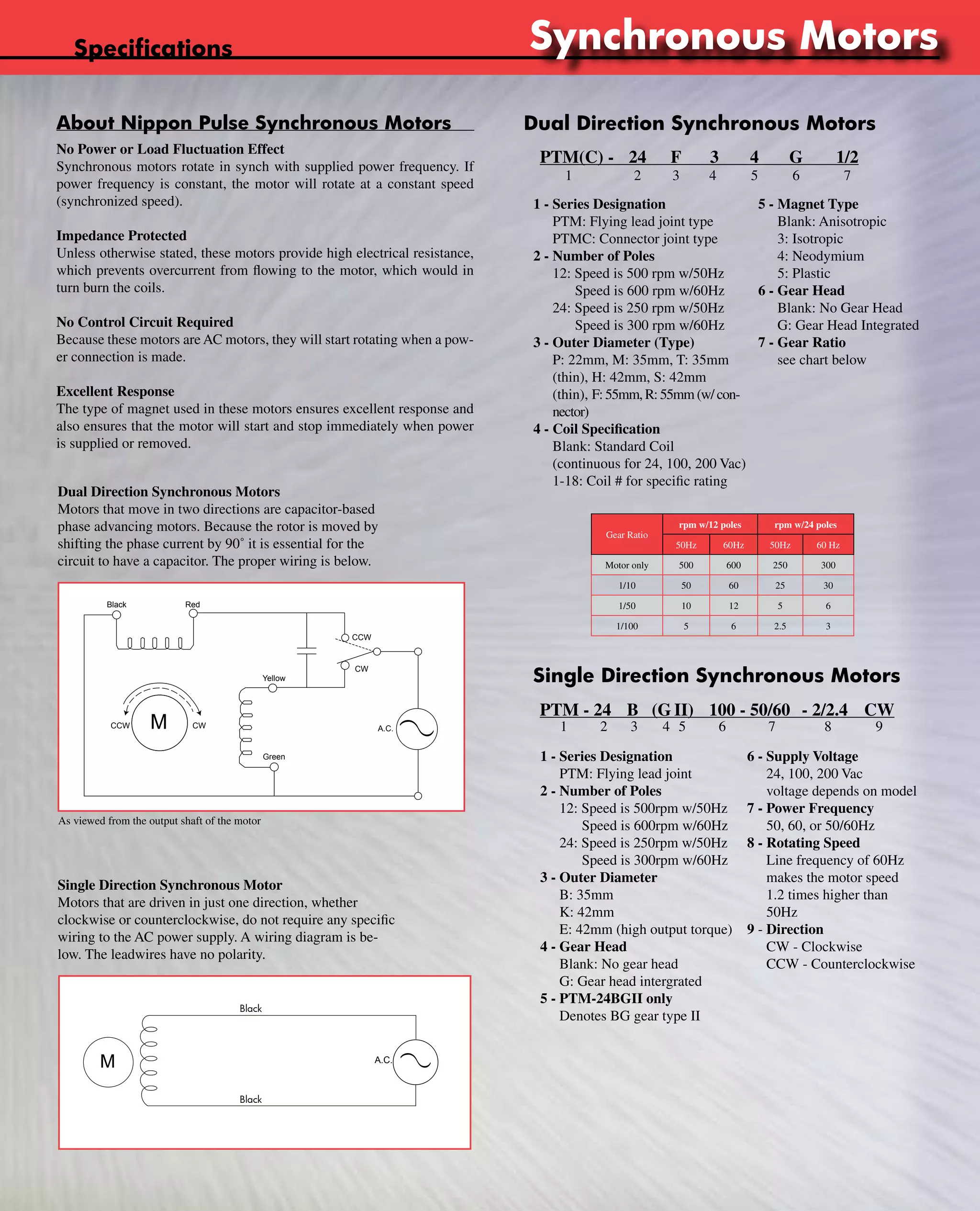 www.nipponpulse.Tin-Can Steppers 
Dual Direction Synchronous Motors 
Gear Ratio 
rpm w/12 poles rpm w/24 poles 
50Hz 60Hz 50Hz 60 Hz 
Motor only 500 600 250 300 
1/10 50 60 25 30 
1/50 10 12 5 6 
1/100 5 6 2.5 3 
Single Direction Synchronous Motors 
PTM - 24 B (G II) 100 - 50/60 - 2/2.4 CW 
1 - Series Designation 
PTM: Flying lead joint 
2 - Number of Poles 
12: Speed is 500rpm w/50Hz 
Speed is 600rpm w/60Hz 
24: Speed is 250rpm w/50Hz 
Speed is 300rpm w/60Hz 
3 - Outer Diameter 
B: 35mm 
K: 42mm 
E: 42mm (high output torque) 
4 - Gear Head 
Blank: No gear head 
G: Gear head intergrated 
5 - PTM-24BGII only 
Denotes BG gear type II 
6 - Supply Voltage 
24, 100, 200 Vac 
voltage depends on model 
7 - Power Frequency 
50, 60, or 50/60Hz 
8 - Rotating Speed 
Line frequency of 60Hz 
makes the motor speed 
1.2 times higher than 
50Hz 
9 - Direction 
CW - Clockwise 
CCW - Counterclockwise 
Specifications 
PTM(C) - 24 F 3 4 G 1/2 
1 2 3 4 5 6 7 
1 - Series Designation 
PTM: Flying lead joint type 
PTMC: Connector joint type 
2 - Number of Poles 
12: Speed is 500 rpm w/50Hz 
Speed is 600 rpm w/60Hz 
24: Speed is 250 rpm w/50Hz 
Speed is 300 rpm w/60Hz 
3 - Outer Diameter (Type) 
P: 22mm, M: 35mm, T: 35mm 
(thin), H: 42mm, S: 42mm 
(thin), F: 55mm, R: 55mm (w/ con-nector) 
4 - Coil Specification 
Blank: Standard Coil 
(continuous for 24, 100, 200 Vac) 
1-18: Coil # for specific rating 
5 - Magnet Type 
Blank: Anisotropic 
3: Isotropic 
4: Neodymium 
5: Plastic 
6 - Gear Head 
Blank: No Gear Head 
G: Gear Head Integrated 
7 - Gear Ratio 
see chart below 
1 2 3 4 5 6 7 8 9 
About Nippon Pulse Synchronous Motors 
No Power or Load Fluctuation Effect 
Synchronous motors rotate in synch with supplied power frequency. If 
power frequency is constant, the motor will rotate at a constant speed 
(synchronized speed). 
Impedance Protected 
Unless otherwise stated, these motors provide high electrical resistance, 
which prevents overcurrent from flowing to the motor, which would in 
turn burn the coils. 
No Control Circuit Required 
Because these motors are AC motors, they will start rotating when a pow-er 
connection is made. 
Excellent Response 
The type of magnet used in these motors ensures excellent response and 
also ensures that the motor will start and stop immediately when power 
is supplied or removed. 
Dual Direction Synchronous Motors 
Motors that move in two directions are capacitor-based 
phase advancing motors. Because the rotor is moved by 
shifting the phase current by 90˚ it is essential for the 
circuit to have a capacitor. The proper wiring is below. 
M A.C. 
As viewed from the output shaft of the motor 
Nippon Pulse America, Inc. 
a subsidiary of Nippon Pulse Motor Co., Ltd. 
Single Direction Synchronous Motor 
Motors that are driven in just one direction, whether 
clockwise or counterclockwise, do not require any specific 
wiring to the AC power supply. A wiring diagram is be-low. 
The leadwires have no polarity. 
www.nipponpulse.com 
1-540-633-1677 
Phase Shift by Capacitor 
Wiring Diagram for PTM-24F/FG/H/HG/M/MG/P/PG/T/TG 
Black Red 
CCW CW 
CCW 
CW 
Yellow 
Green 
Nippon Pulse America, Inc. 
a subsidiary of Nippon Pulse Motor Co., Ltd. 
www.nipponpulse.com 
1-540-633-1677 
Shaded Pole 
Wiring Diagram for PTM-24AG/B/BGII/E/EG/K/KG 
Black 
M A.C. 
Black 
Synchronous Motors 
 