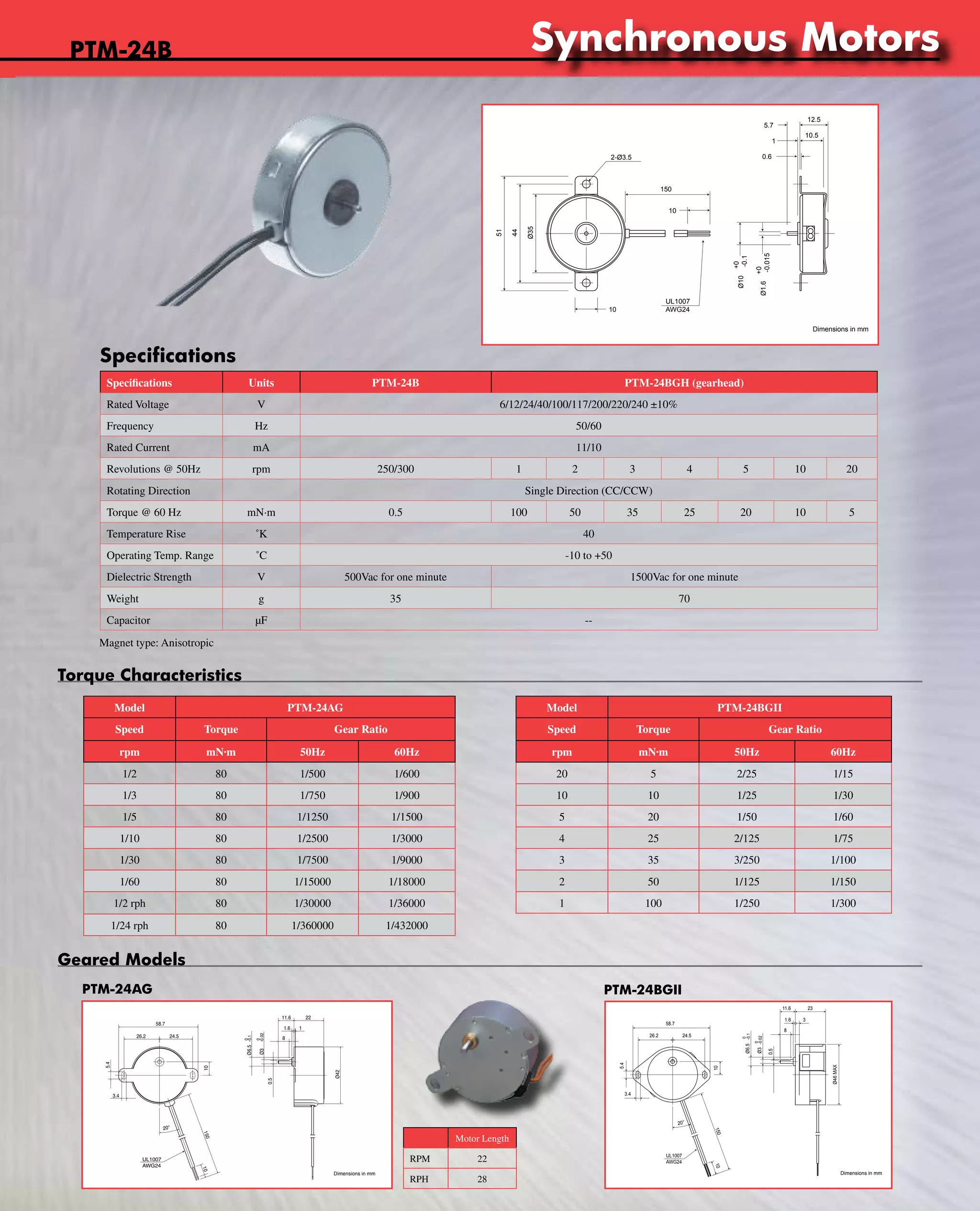 www.nipponpulse.Tin-Can Steppers 
PTM-24B 
Specifications Nippon Pulse America, Inc. 
Specifications Units PTM-24B PTM-24BGH (gearhead) 
Rated Voltage V 6/12/24/40/100/117/200/220/240 ±10% 
Frequency Hz 50/60 
Rated Current mA 11/10 
Revolutions @ 50Hz rpm 250/300 1 2 3 4 5 10 20 
Rotating Direction Single Direction (CC/CCW) 
Torque @ 60 Hz mN·m 0.5 100 50 35 25 20 10 5 
Temperature Rise ˚K 40 
Operating Temp. Range ˚C -10 to +50 
Dielectric Strength V 500Vac for one minute 1500Vac for one minute 
Weight g 35 70 
Capacitor μF -- 
Magnet type: Anisotropic 
Torque Characteristics 
Model PTM-24AG 
Speed Torque Gear Ratio 
rpm mN·m 50Hz 60Hz 
1/2 80 1/500 1/600 
1/3 80 1/750 1/900 
1/5 80 1/1250 1/1500 
1/10 80 1/2500 1/3000 
1/30 80 1/7500 1/9000 
1/60 80 1/15000 1/18000 
1/2 rph 80 1/30000 1/36000 
1/24 rph 80 1/360000 1/432000 
a subsidiary of Nippon Pulse Motor Co., Ltd. 
12.5 
10.5 
+0 
-0.015 
+0 
-0.1 
Model PTM-24BGII 
Speed Torque Gear Ratio 
rpm mN·m 50Hz 60Hz 
20 5 2/25 1/15 
10 10 1/25 1/30 
5 20 1/50 1/60 
4 25 2/125 1/75 
3 35 3/250 1/100 
2 50 1/125 1/150 
1 100 1/250 1/300 
Geared Models 
PTM-24AG PTM-24BGII 
www.nipponpulse.com 
1-540-633-1677 
PTM-24B Synchronous Motor 
Dimensions in mm 
5.7 
1 
2-Ø3.5 0.6 
150 
10 
10 
51 
44 
Ø35 
Ø1.6 
Ø10 
UL1007 
AWG24 
26.2 24.5 
Nippon Pulse America, Inc. 
a subsidiary of Nippon Pulse Motor Co., Ltd. 
www.nipponpulse.com 
1-540-633-1677 
PTM-24AG Synchronous Motor 
Revolutions: 1/2, 1/3, 1/4, 1/5, 1/6, 1/10, 1/15 
Dimensions in mm 
1 
20° 
3.4 
58.7 
5.4 
10 
Ø42 
11.6 22 
1.6 
8 
-0.1 
0 Ø6.5 
-0.02 
0 
Ø3 
0.5 
150 
10 
UL1007 
AWG24 
26.2 24.5 
5.4 
Nippon Pulse America, Inc. 
a subsidiary of Nippon Pulse Motor Co., Ltd. 
www.nipponpulse.com 
1-540-633-1677 
PTM-24BGII Synchronous Motor 
Dimensions in mm 
11.6 23 
3 
20° 
150 
10 
58.7 
8 
-0.02 
0 Ø3 
-0.1 
0 
Ø6.5 
Ø46 MAX 
1.6 
10 
3.4 
0.5 
UL1007 
AWG24 
Motor Length 
RPM 22 
RPH 28 
Synchronous Motors 
 