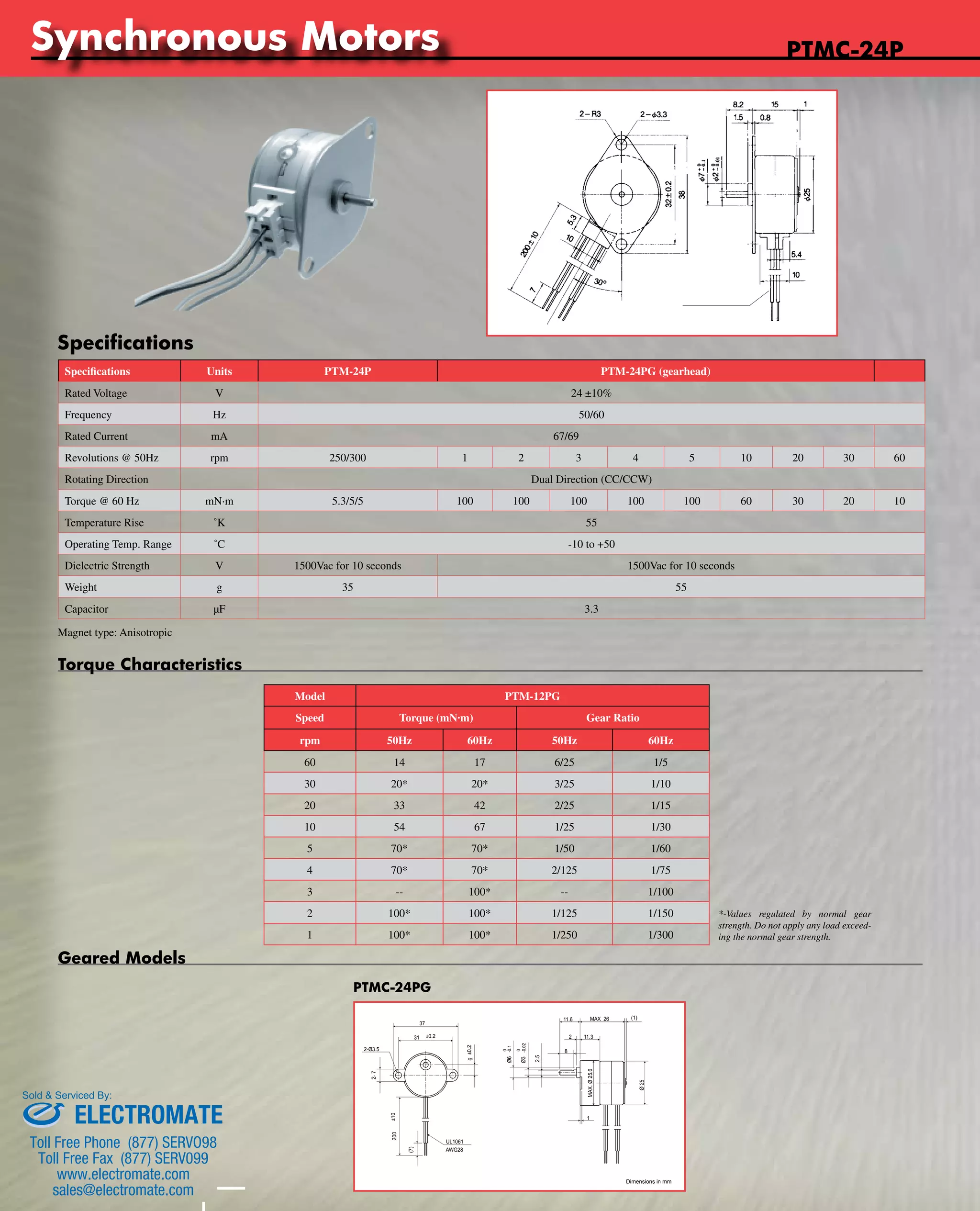 Tin-Can Steppers 
www.nipponpulse.PTMC-24P 
Specifications Units PTM-24P PTM-24PG (gearhead) 
Rated Voltage V 24 ±10% 
Frequency Hz 50/60 
Rated Current mA 67/69 
Revolutions @ 50Hz rpm 250/300 1 2 3 4 5 10 20 30 60 
Rotating Direction Dual Direction (CC/CCW) 
Torque @ 60 Hz mN·m 5.3/5/5 100 100 100 100 100 60 30 20 10 
Temperature Rise ˚K 55 
Operating Temp. Range ˚C -10 to +50 
Dielectric Strength V 1500Vac for 10 seconds 1500Vac for 10 seconds 
Weight g 35 55 
Capacitor μF 3.3 
Magnet type: Anisotropic 
Model PTM-12PG 
Speed Torque (mN·m) Gear Ratio 
rpm 50Hz 60Hz 50Hz 60Hz 
60 14 17 6/25 1/5 
30 20* 20* 3/25 1/10 
20 33 42 2/25 1/15 
10 54 67 1/25 1/30 
5 70* 70* 1/50 1/60 
4 70* 70* 2/125 1/75 
3 -- 100* -- 1/100 
2 100* 100* 1/125 1/150 
1 100* 100* 1/250 1/300 
Geared Models 
PTMC-24PG 
Torque Characteristics 
*-Values regulated by normal gear 
strength. Do not apply any load exceed-ing 
the normal gear strength. 
Specifications 
Nippon Pulse America, Inc. 
a subsidiary of Nippon Pulse Motor Co., Ltd. 
www.nipponpulse.com 
1-540-633-1677 
PTM-24PG Synchronous Motor 
Dimensions in mm 
2-Ø3.5 
11.6 MAX 26 (1) 
2 11.3 
MAX. Ø 25.6 
1 
-0.1 
0 
Ø6 
-0.02 
0 
Ø3 
2.5 
8 
Ø 25 
6 ±0.2 
2- 7 
37 
31 ±0.2 
200 ±10 
(7) 
UL1061 
AWG28 
Synchronous Motors 
Sold & Serviced By: 
ELECTROMATE 
Toll Free Phone (877) SERVO98 
Toll Free Fax (877) SERV099 
www.electromate.com 
sales@electromate.com 
 
