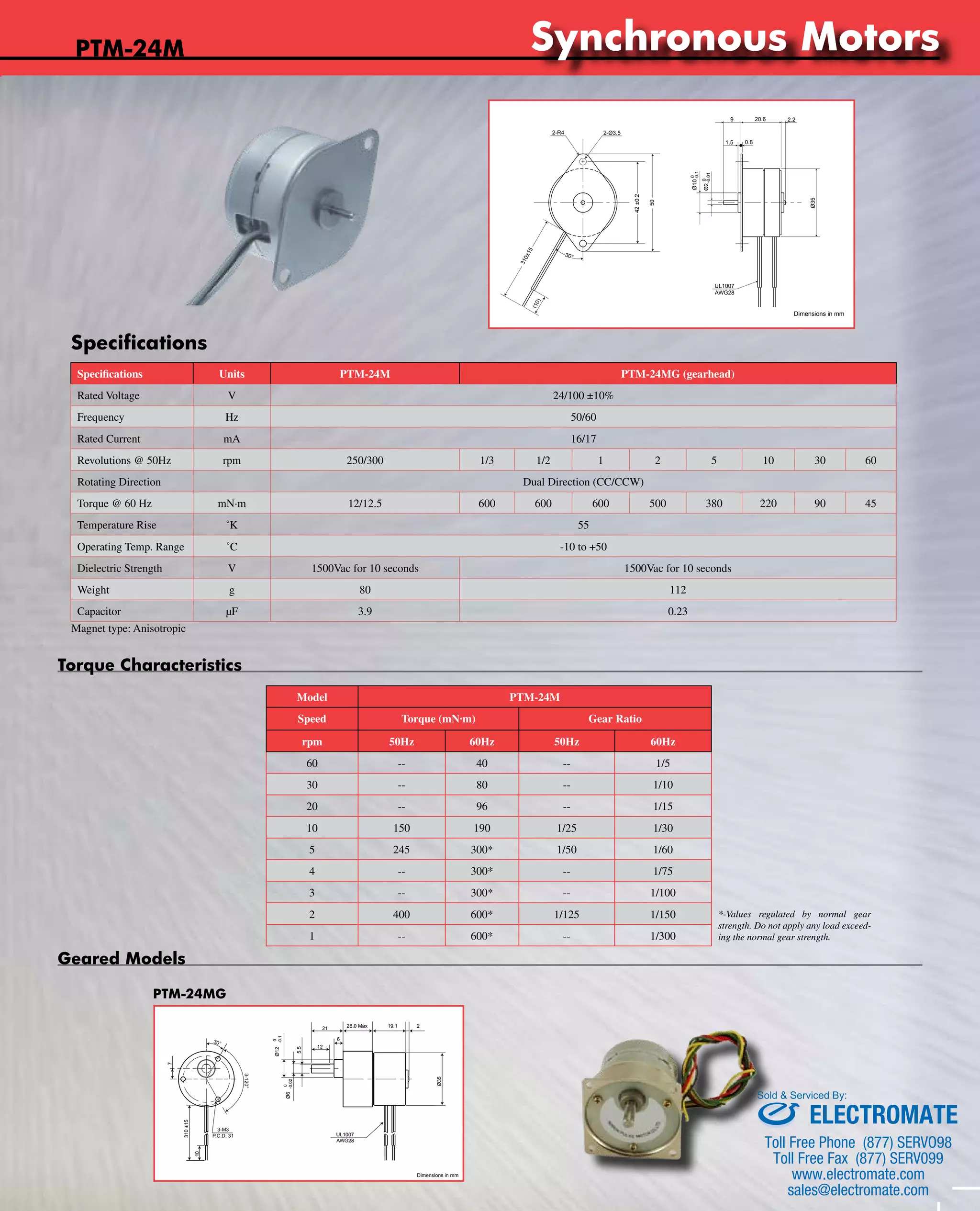 www.nipponpulse.Tin-Can Steppers 
PTM-24M 
Specifications Units PTM-24M PTM-24MG (gearhead) 
Rated Voltage V 24/100 ±10% 
Frequency Hz 50/60 
Rated Current mA 16/17 
Revolutions @ 50Hz rpm 250/300 1/3 1/2 1 2 5 10 30 60 
Rotating Direction Dual Direction (CC/CCW) 
Torque @ 60 Hz mN·m 12/12.5 600 600 600 500 380 220 90 45 
Temperature Rise ˚K 55 
Operating Temp. Range ˚C -10 to +50 
Dielectric Strength V 1500Vac for 10 seconds 1500Vac for 10 seconds 
Weight g 80 112 
Capacitor μF 3.9 0.23 
Magnet type: Anisotropic 
Torque Characteristics 
Geared Models 
PTM-24MG 
Model PTM-24M 
Speed Torque (mN·m) Gear Ratio 
rpm 50Hz 60Hz 50Hz 60Hz 
60 -- 40 -- 1/5 
30 -- 80 -- 1/10 
20 -- 96 -- 1/15 
10 150 190 1/25 1/30 
5 245 300* 1/50 1/60 
4 -- 300* -- 1/75 
3 -- 300* -- 1/100 
2 400 600* 1/125 1/150 
1 -- 600* -- 1/300 
*-Values regulated by normal gear 
strength. Do not apply any load exceed-ing 
the normal gear strength. 
Specifications Nippon Pulse America, Inc. 
a subsidiary of Nippon Pulse Motor Co., Ltd. 
www.nipponpulse.com 
1-540-633-1677 
PTM-24M Synchronous Motor 
Dimensions in mm 
30° 
UL1007 
AWG28 
Ø35 
310±15 
9 2.2 
1.5 0.8 
20.6 
(10) 
2-R4 2-Ø3.5 
42 ±0.2 
50 
-0.1 
Ø10 0 
-0.01 
Ø2 0 
Nippon Pulse America, Inc. 
a subsidiary of Nippon Pulse Motor Co., Ltd. 
www.nipponpulse.com 
1-540-633-1677 
PTM-24MG Synchronous Motor 
Dimensions in mm 
21 
6 
5.5 
12 
2 
Ø35 
3-M3 
P.C.D. 31 
7 
3-120° 
30° 
310 ±15 
10 
-0.1 
Ø12 0 
-0.02 
Ø6 0 
26.0 Max 19.1 
UL1007 
AWG28 
Synchronous Motors 
Sold & Serviced By: 
ELECTROMATE 
Toll Free Phone (877) SERVO98 
Toll Free Fax (877) SERV099 
www.electromate.com 
sales@electromate.com 
 