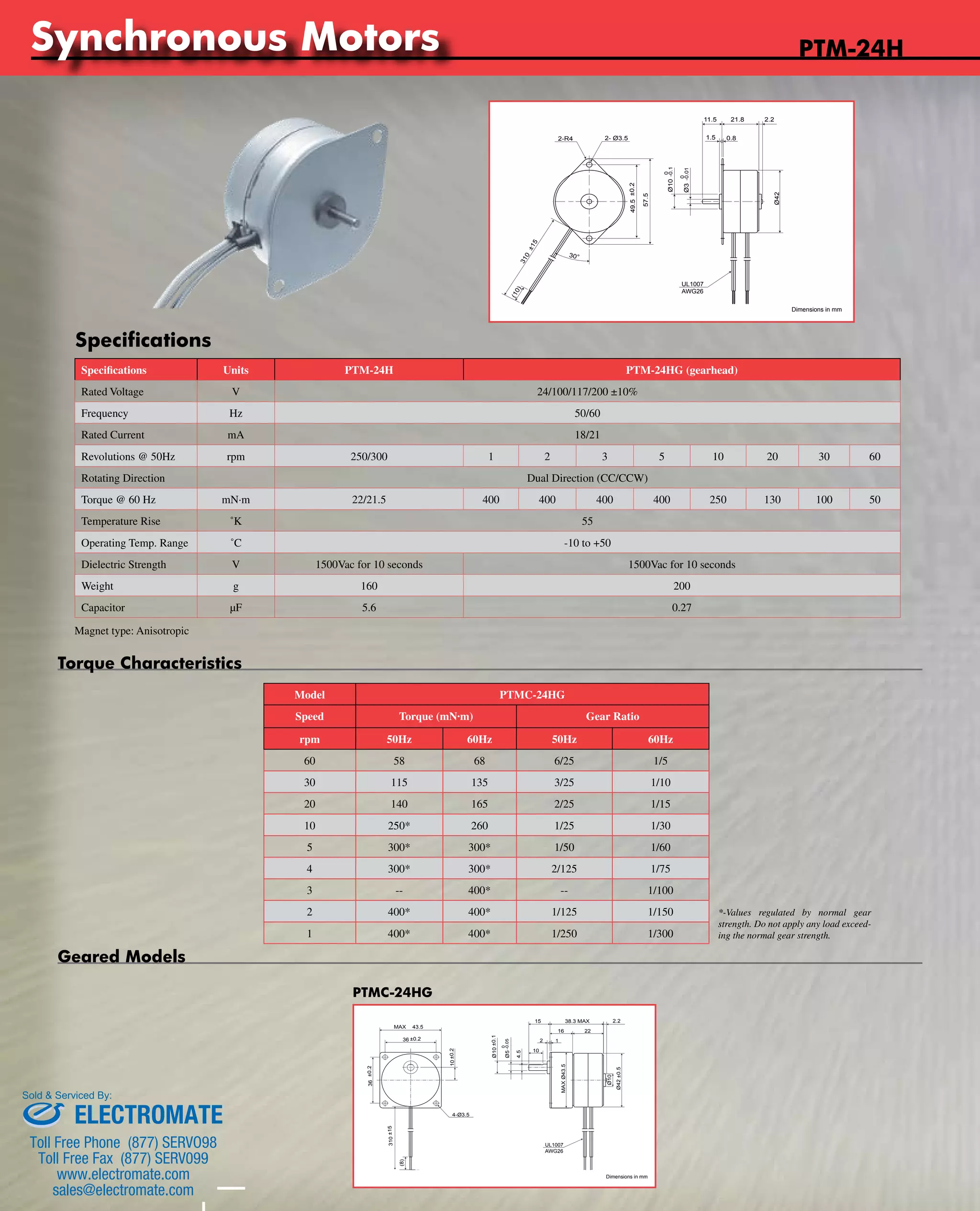 Tin-Can Steppers 
www.nipponpulse.PTM-24H 
0 
-0.1 
Specifications Units PTM-24H PTM-24HG (gearhead) 
Rated Voltage V 24/100/117/200 ±10% 
Frequency Hz 50/60 
Rated Current mA 18/21 
Revolutions @ 50Hz rpm 250/300 1 2 3 5 10 20 30 60 
Rotating Direction Dual Direction (CC/CCW) 
Torque @ 60 Hz mN·m 22/21.5 400 400 400 400 250 130 100 50 
Temperature Rise ˚K 55 
Operating Temp. Range ˚C -10 to +50 
Dielectric Strength V 1500Vac for 10 seconds 1500Vac for 10 seconds 
Weight g 160 200 
Capacitor μF 5.6 0.27 
Magnet type: Anisotropic 
Model PTMC-24HG 
Speed Torque (mN·m) Gear Ratio 
rpm 50Hz 60Hz 50Hz 60Hz 
60 58 68 6/25 1/5 
30 115 135 3/25 1/10 
20 140 165 2/25 1/15 
10 250* 260 1/25 1/30 
5 300* 300* 1/50 1/60 
4 300* 300* 2/125 1/75 
3 -- 400* -- 1/100 
2 400* 400* 1/125 1/150 
1 400* 400* 1/250 1/300 
Geared Models 
PTMC-24HG 
Torque Characteristics 
*-Values regulated by normal gear 
strength. Do not apply any load exceed-ing 
the normal gear strength. 
Specifications Nippon Pulse America, Inc. 
a subsidiary of Nippon Pulse Motor Co., Ltd. 
www.nipponpulse.com 
1-540-633-1677 
PTM-24H Synchronous Motor 
Dimensions in mm 
(10) 
Ø10 
11.5 21.8 
1.5 0.8 
49.5 ±0.2 
0 
-0.01 
Ø3 
310 ±15 
57.5 
Ø42 
2-R4 2- Ø3.5 
30° 
2.2 
UL1007 
AWG26 
Nippon Pulse America, Inc. 
a subsidiary of Nippon Pulse Motor Co., Ltd. 
www.nipponpulse.com 
1-540-633-1677 
PTM-24HG Synchronous Motor 
Dimensions in mm 
38.3 MAX 
1 
15 
36 ±0.2 
16 
10 
MAX 43.5 
4-Ø3.5 
2 
2.2 
36 ±0.2 
310 ±15 
(8) 
10 ±0.2 
Ø10 ±0.1 
0 
Ø5 -0.05 
4.5 
Ø42 ±0.5 
MAX Ø43.5 
22 
Ø10 
UL1007 
AWG26 
Synchronous Motors 
Sold & Serviced By: 
ELECTROMATE 
Toll Free Phone (877) SERVO98 
Toll Free Fax (877) SERV099 
www.electromate.com 
sales@electromate.com 
 