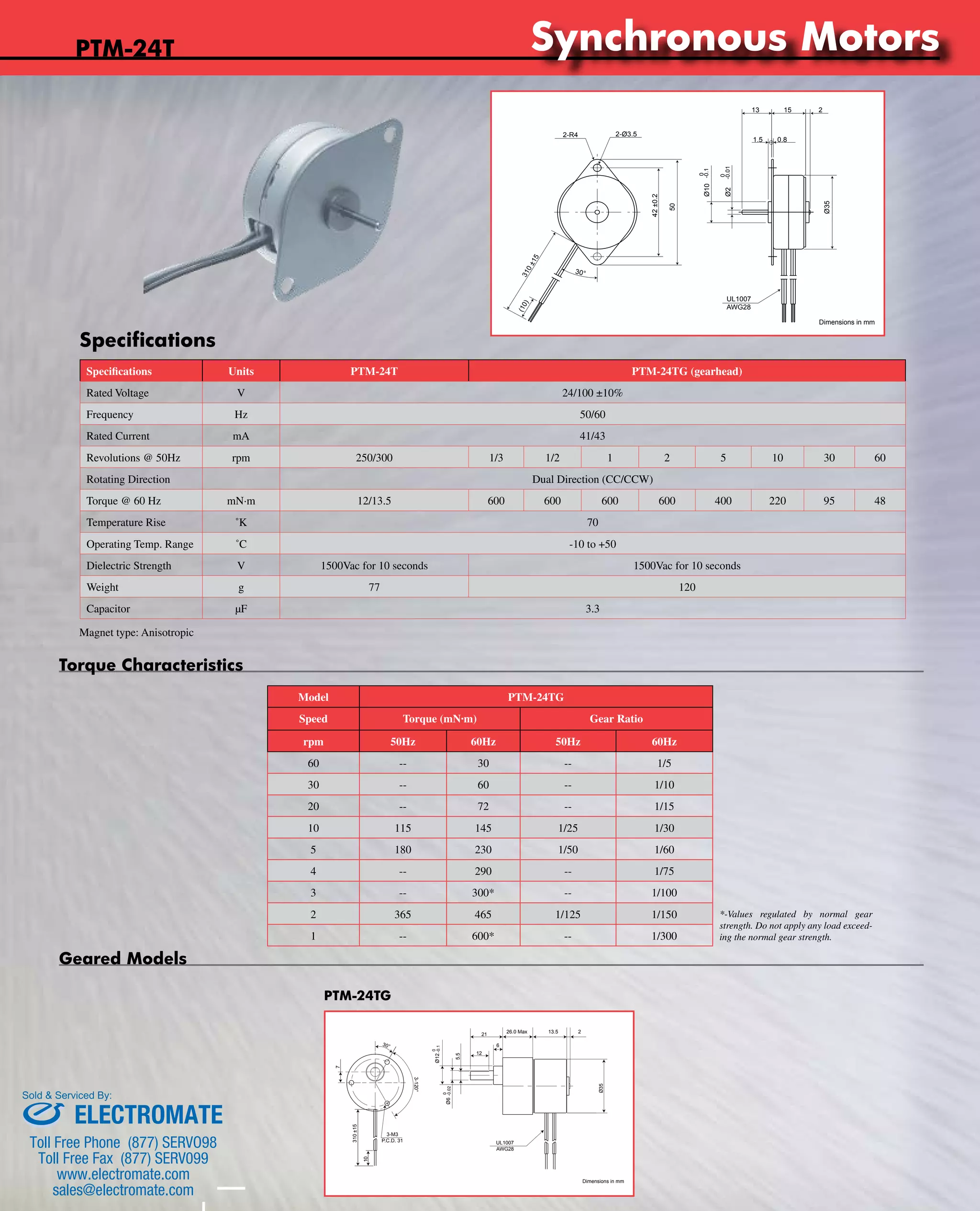 www.nipponpulse.Tin-Can Steppers 
PTM-24T 
Specifications Units PTM-24T PTM-24TG (gearhead) 
Rated Voltage V 24/100 ±10% 
Frequency Hz 50/60 
Rated Current mA 41/43 
Revolutions @ 50Hz rpm 250/300 1/3 1/2 1 2 5 10 30 60 
Rotating Direction Dual Direction (CC/CCW) 
Torque @ 60 Hz mN·m 12/13.5 600 600 600 600 400 220 95 48 
Temperature Rise ˚K 70 
Operating Temp. Range ˚C -10 to +50 
Dielectric Strength V 1500Vac for 10 seconds 1500Vac for 10 seconds 
Weight g 77 120 
Capacitor μF 3.3 
Magnet type: Anisotropic 
Geared Models 
PTM-24TG 
Torque Characteristics 
Model PTM-24TG 
Speed Torque (mN·m) Gear Ratio 
rpm 50Hz 60Hz 50Hz 60Hz 
60 -- 30 -- 1/5 
30 -- 60 -- 1/10 
20 -- 72 -- 1/15 
10 115 145 1/25 1/30 
5 180 230 1/50 1/60 
4 -- 290 -- 1/75 
3 -- 300* -- 1/100 
2 365 465 1/125 1/150 
1 -- 600* -- 1/300 
*-Values regulated by normal gear 
strength. Do not apply any load exceed-ing 
the normal gear strength. 
Specifications Nippon Pulse America, Inc. 
a subsidiary of Nippon Pulse Motor Co., Ltd. 
www.nipponpulse.com 
1-540-633-1677 
PTM-24T Synchronous Motor 
Dimensions in mm 
2-R4 2-Ø3.5 
310 ±15 
(10) 
30° 
42 ±0.2 
50 
13 15 2 
1.5 0.8 
Ø10 -0.1 
0 
Ø2 -0.01 
0 
Ø35 
UL1007 
AWG28 
Nippon Pulse America, Inc. 
a subsidiary of Nippon Pulse Motor Co., Ltd. 
www.nipponpulse.com 
1-540-633-1677 
PTM-24TG Synchronous Motor 
Dimensions in mm 
21 
6 
5.5 
12 
2 
Ø35 
3-M3 
P.C.D. 31 
7 
3-120° 
30° 
310 ±15 
10 
-0.1 
Ø12 0 
0 
-0.02 
Ø6 
26.0 Max 13.5 
UL1007 
AWG28 
Synchronous Motors 
Sold & Serviced By: 
ELECTROMATE 
Toll Free Phone (877) SERVO98 
Toll Free Fax (877) SERV099 
www.electromate.com 
sales@electromate.com 
 