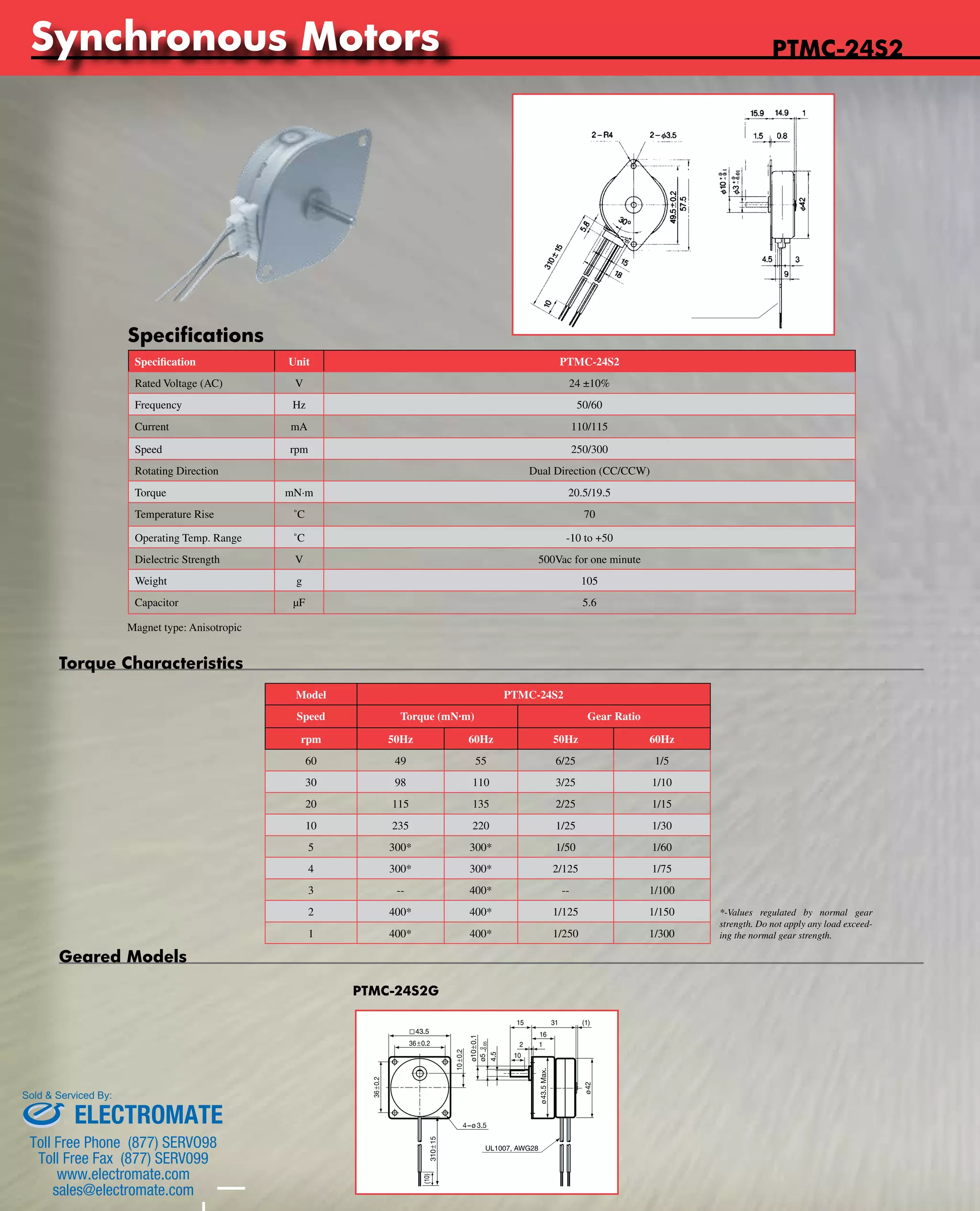 Tin-Can Steppers 
Synchronous Motors 
www.nipponpulse.PTMC-24S2 
Specification Unit PTMC-24S2 
Rated Voltage (AC) V 24 ±10% 
Frequency Hz 50/60 
Current mA 110/115 
Speed rpm 250/300 
Rotating Direction Dual Direction (CC/CCW) 
Torque mN·m 20.5/19.5 
Temperature Rise ˚C 70 
Operating Temp. Range ˚C -10 to +50 
Dielectric Strength V 500Vac for one minute 
Weight g 105 
Capacitor μF 5.6 
Model PTMC-24S2 
Speed Torque (mN·m) Gear Ratio 
rpm 50Hz 60Hz 50Hz 60Hz 
60 49 55 6/25 1/5 
30 98 110 3/25 1/10 
20 115 135 2/25 1/15 
10 235 220 1/25 1/30 
5 300* 300* 1/50 1/60 
4 300* 300* 2/125 1/75 
3 -- 400* -- 1/100 
2 400* 400* 1/125 1/150 
1 400* 400* 1/250 1/300 
Geared Models 
PTMC-24S2G 
Torque Characteristics 
*-Values regulated by normal gear 
strength. Do not apply any load exceed-ing 
the normal gear strength. 
Specifications 
Magnet type: Anisotropic 
Sold & Serviced By: 
ELECTROMATE 
Toll Free Phone (877) SERVO98 
Toll Free Fax (877) SERV099 
www.electromate.com 
sales@electromate.com 
 