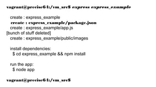vagrant@precise64:/vm_src$ express express_example

  create : express_example
  create : express_example/package.json
  c...