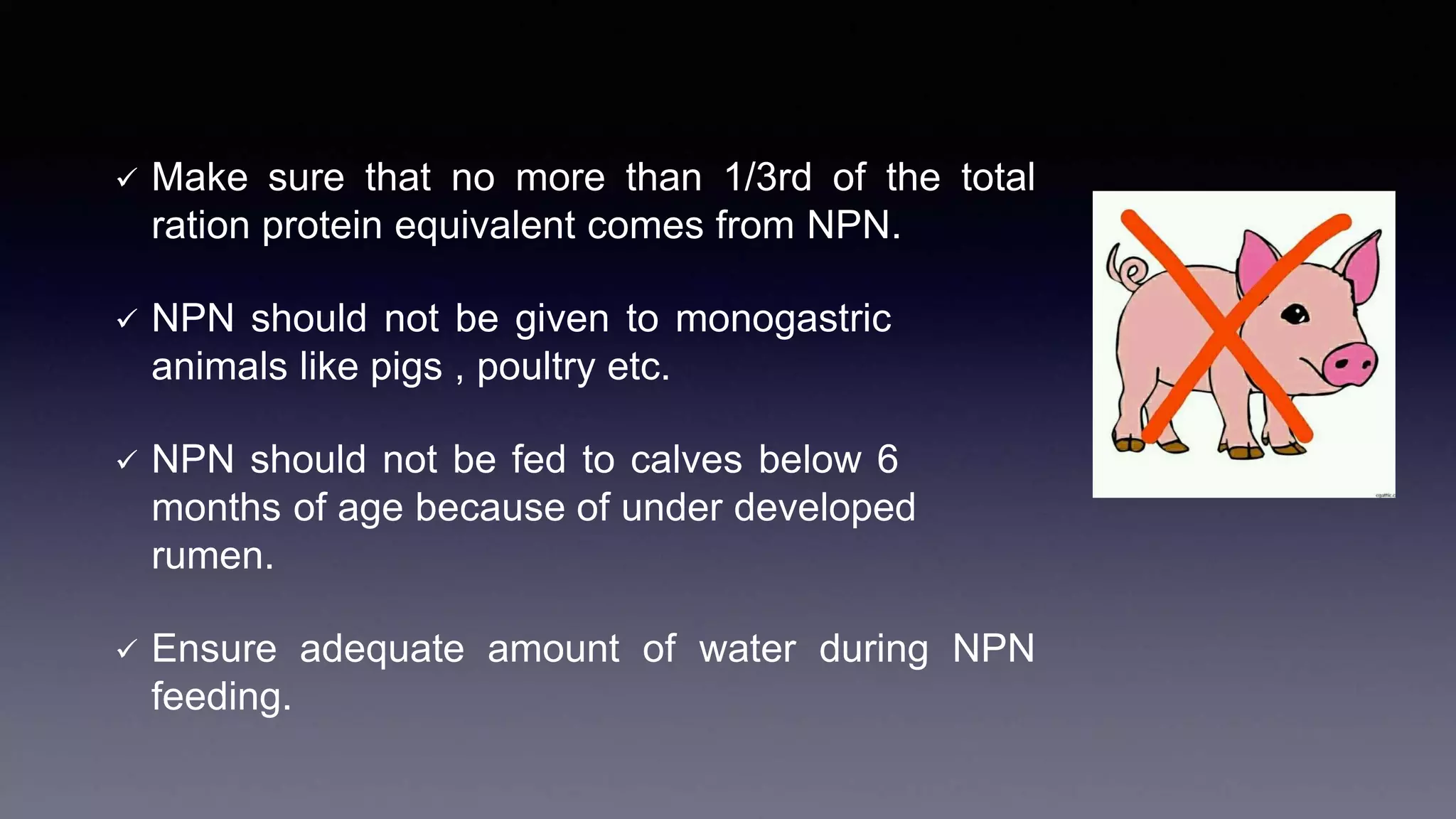  Make sure that no more than 1/3rd of the total
ration protein equivalent comes from NPN.
 NPN should not be given to monogastric
animals like pigs , poultry etc.
 NPN should not be fed to calves below 6
months of age because of under developed
rumen.
 Ensure adequate amount of water during NPN
feeding.
 