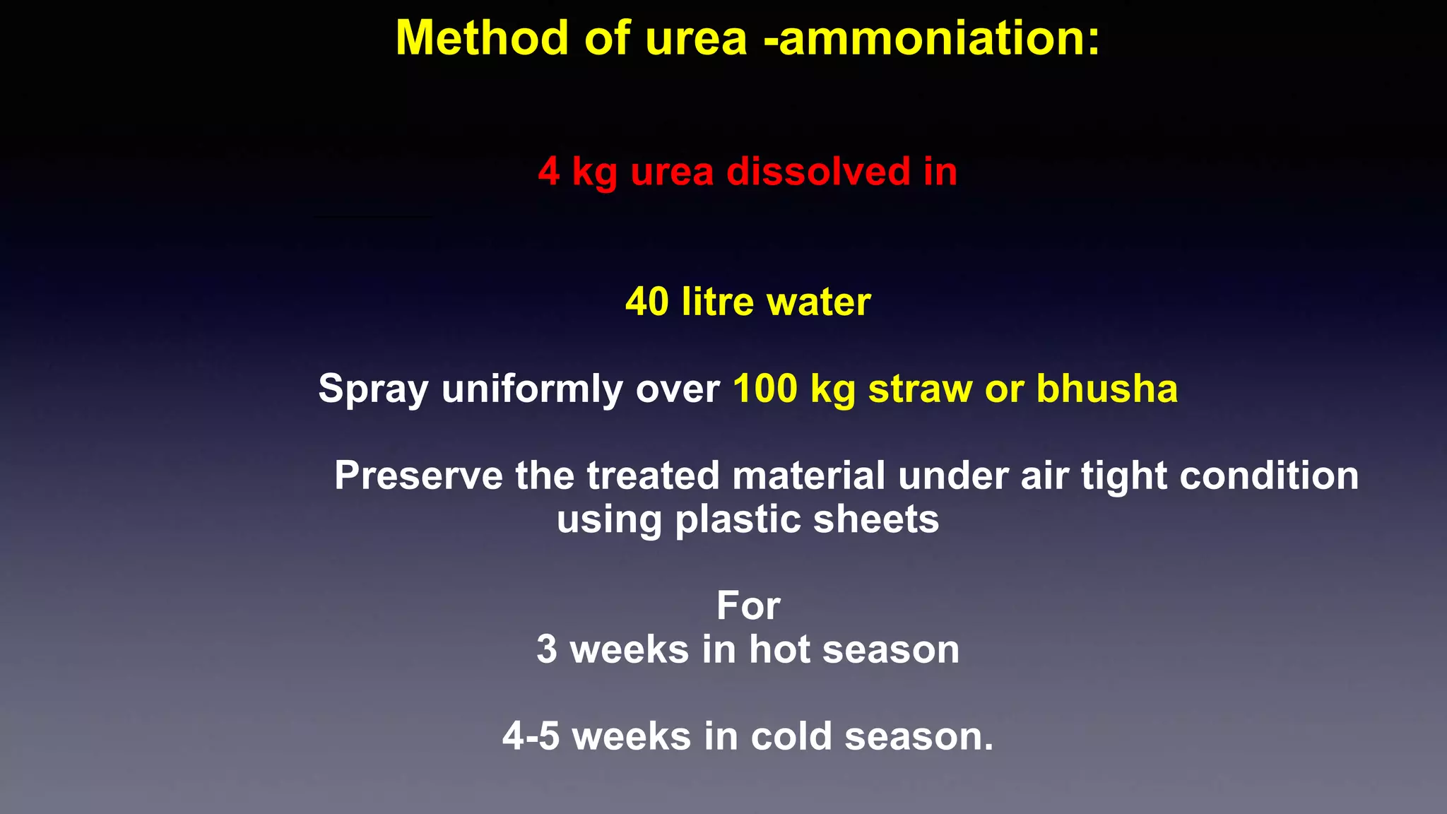 Method of urea -ammoniation:
4 kg urea dissolved in
40 litre water
Spray uniformly over 100 kg straw or bhusha
Preserve the treated material under air tight condition
using plastic sheets
For
3 weeks in hot season
4-5 weeks in cold season.
 