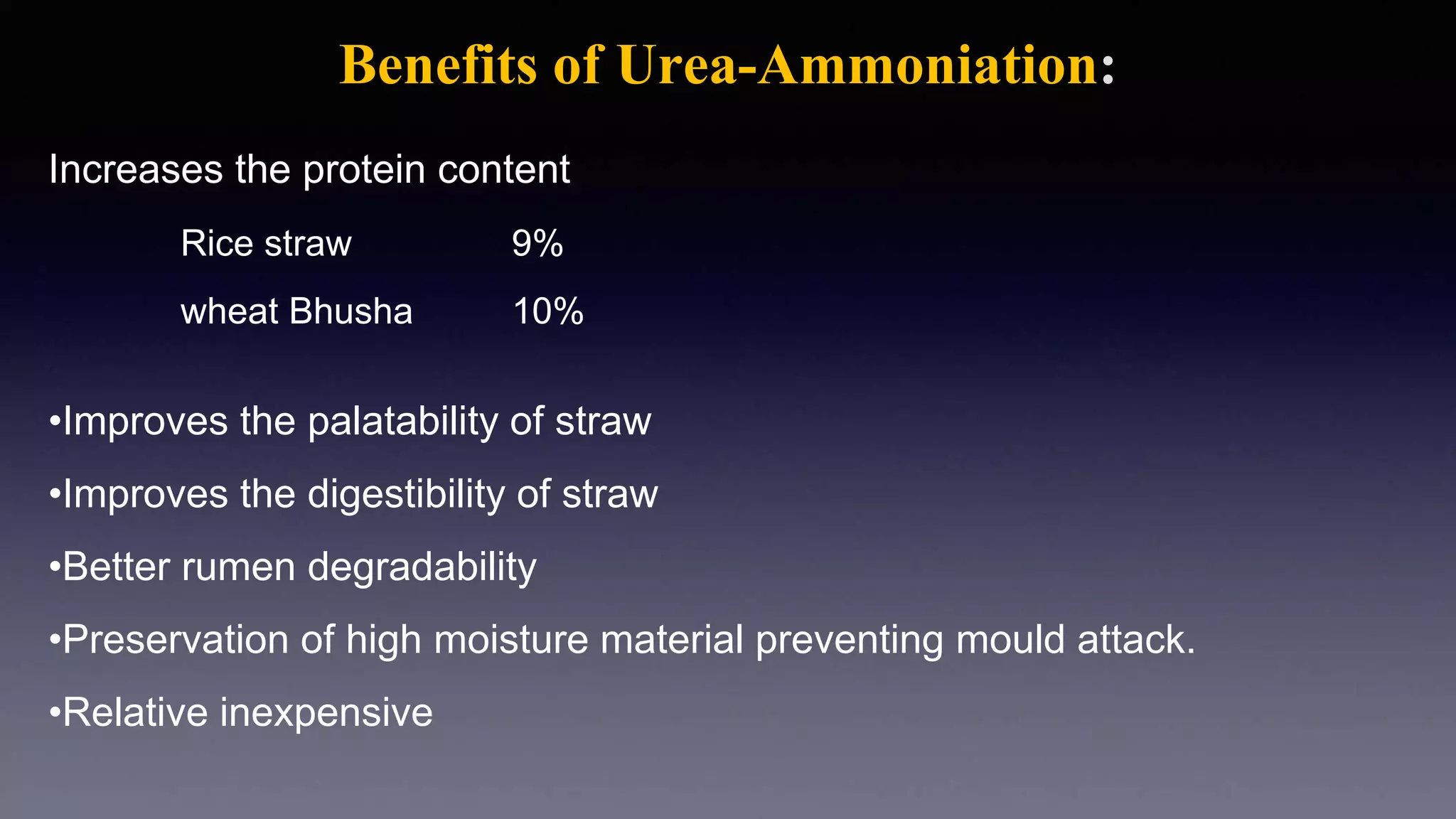 Benefits of Urea-Ammoniation:
Increases the protein content
Rice straw 9%
wheat Bhusha 10%
•Improves the palatability of straw
•Improves the digestibility of straw
•Better rumen degradability
•Preservation of high moisture material preventing mould attack.
•Relative inexpensive
 